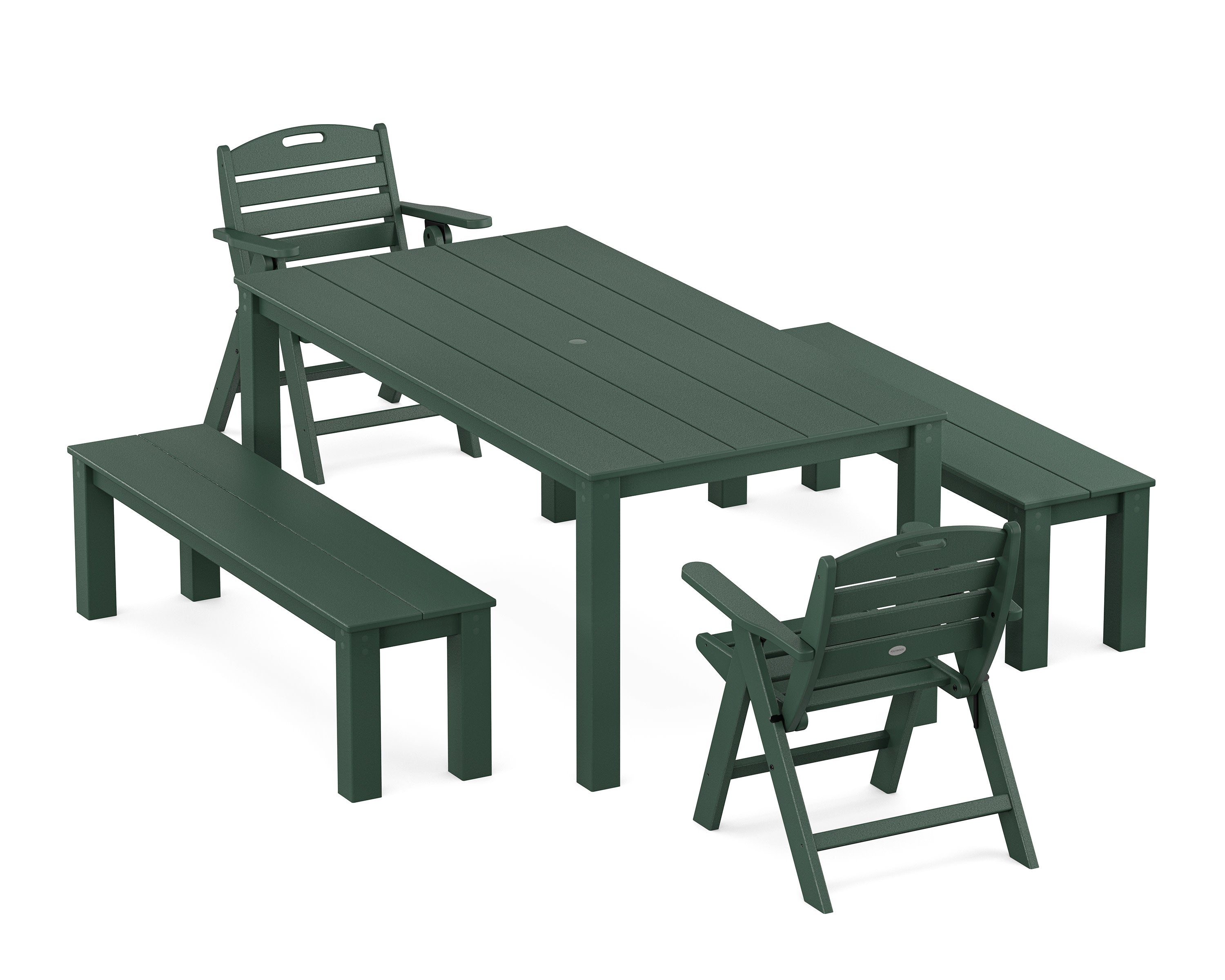 Nautical Folding Lowback Chair 5-Piece Parsons Dining Set with Benches in Green