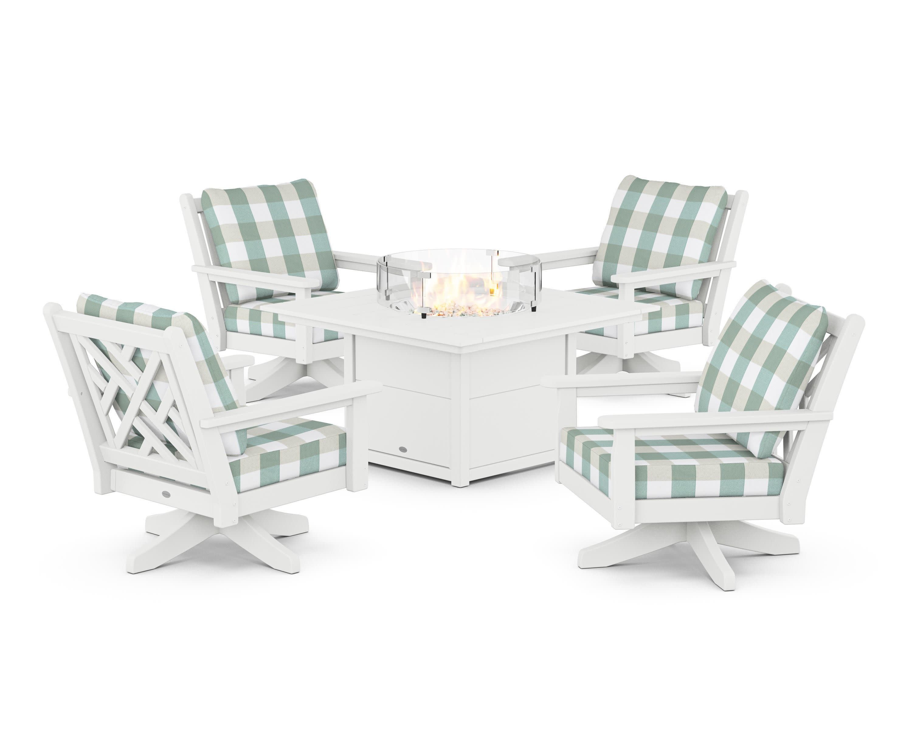 Chippendale 5-Piece Deep Seating Swivel Conversation Set with Fire Pit Table in White / Buffalo Plaid Glacier Spa