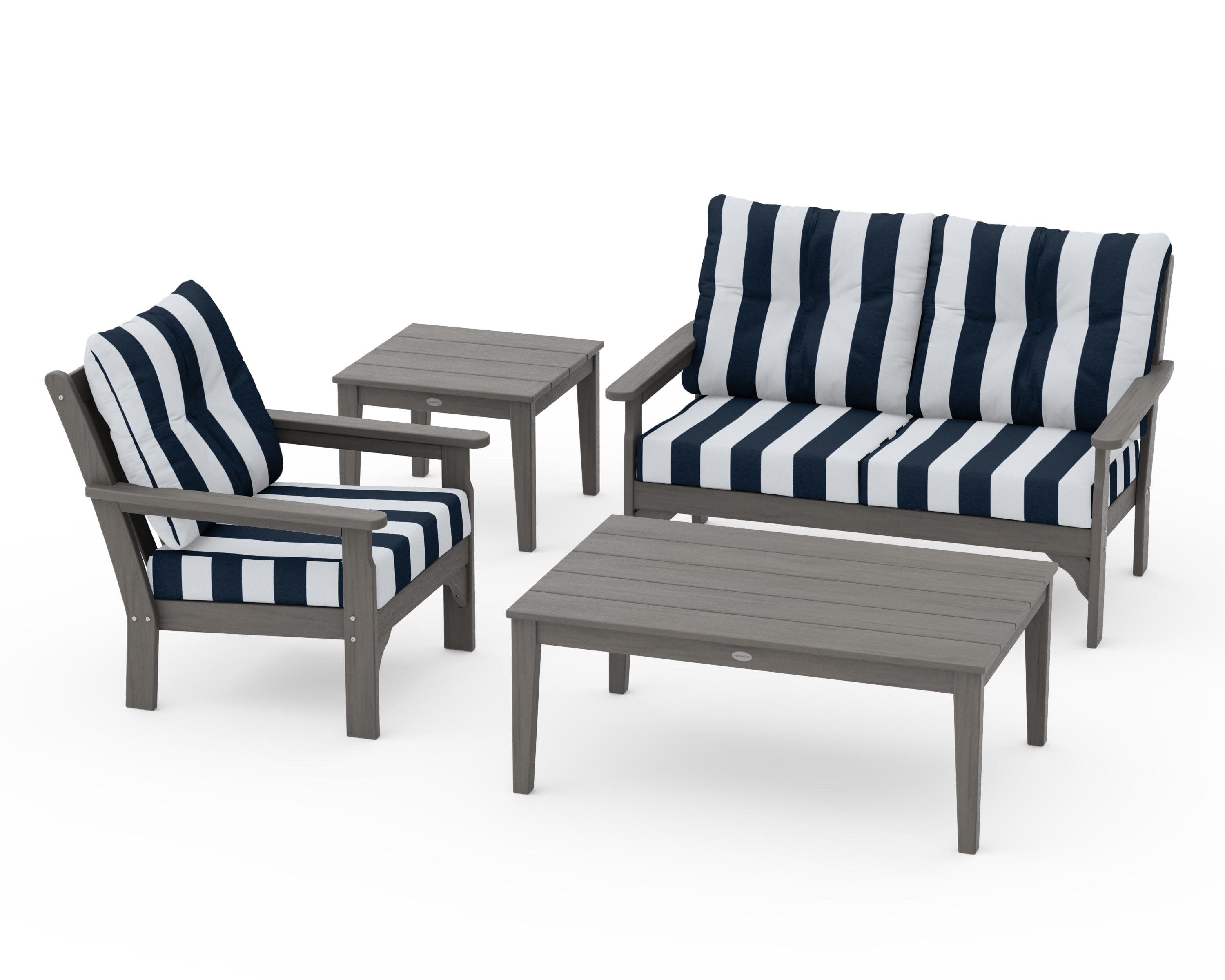 Vineyard 4-Piece Deep Seating Set in Driftwood / Cabana Stripe Marine Indigo