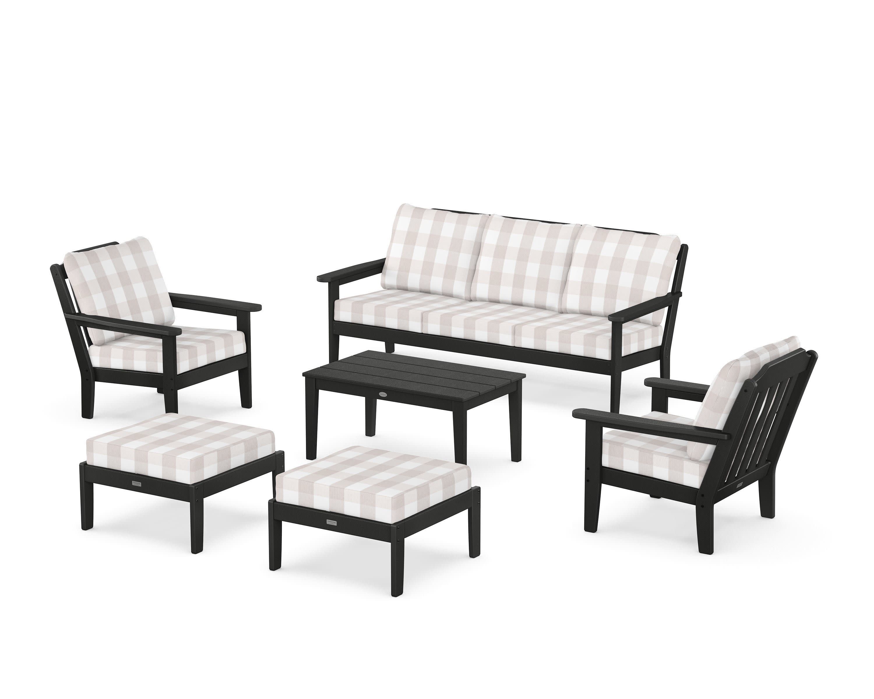 Cottage 6-Piece Lounge Sofa Set in Black / Buffalo Plaid Dune Burlap