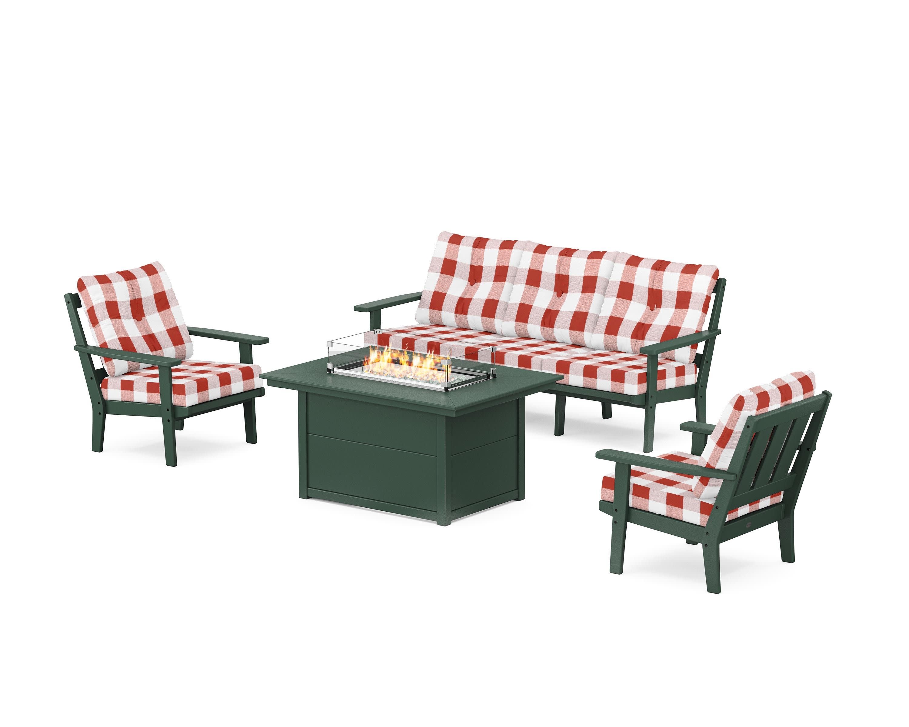 Oxford Deep Seating Fire Pit Table Set in Green / Buffalo Plaid Crimson