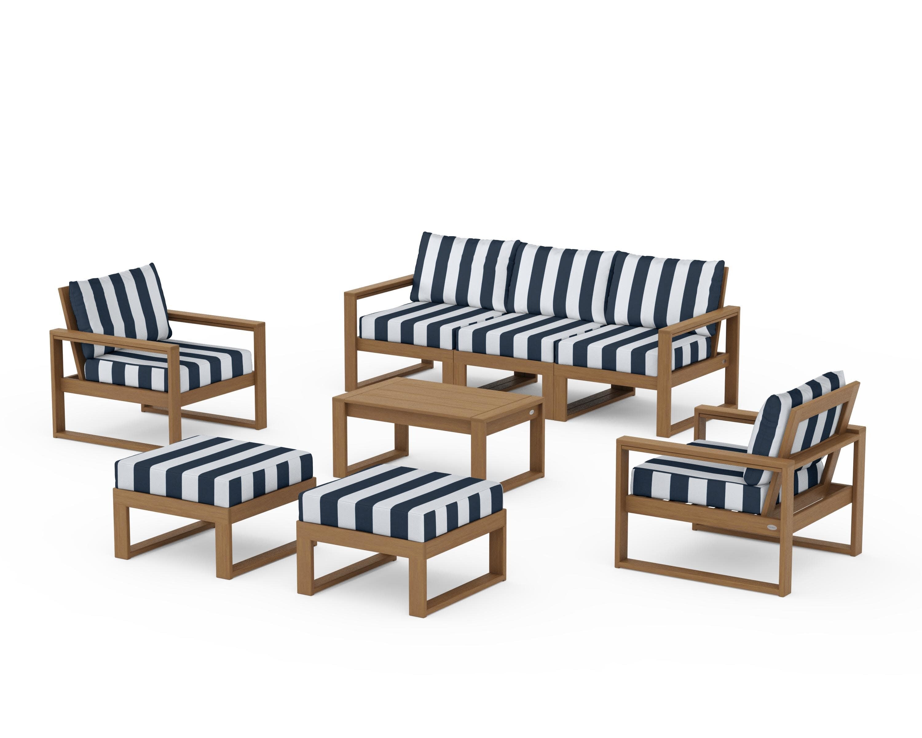 EDGE Sectional 8-Piece Lounge Sofa Set in Natural / Cabana Stripe Marine Indigo