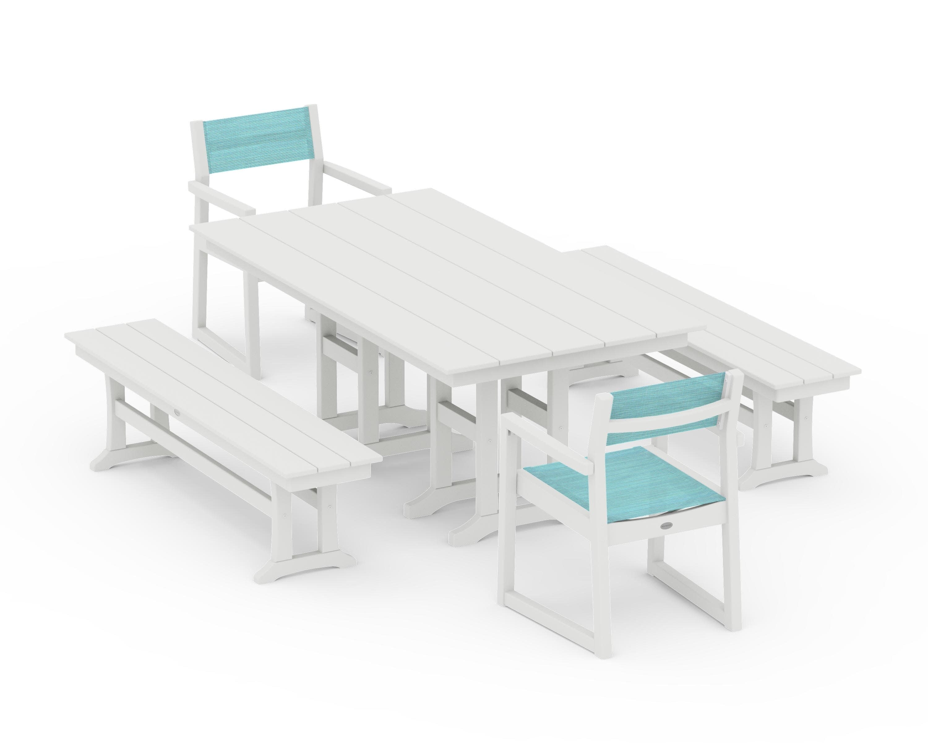 EDGE Sling Arm Chair 5-Piece Farmhouse Dining Set with Benches in Vintage White / Dupioni Aquamarine Sling
