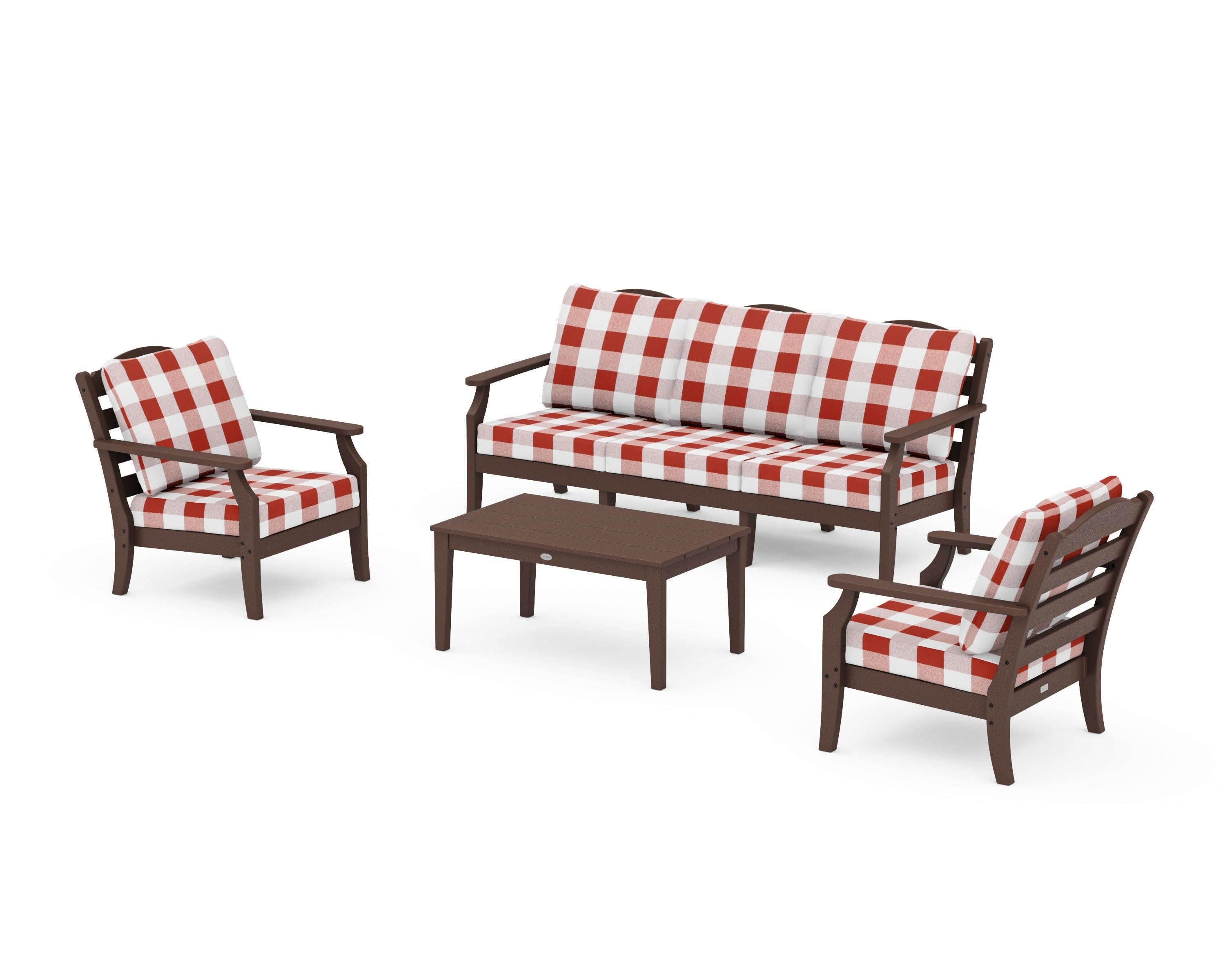 Savannah 4-Piece Deep Seating Set with Sofa in Mahogany / Buffalo Plaid Crimson