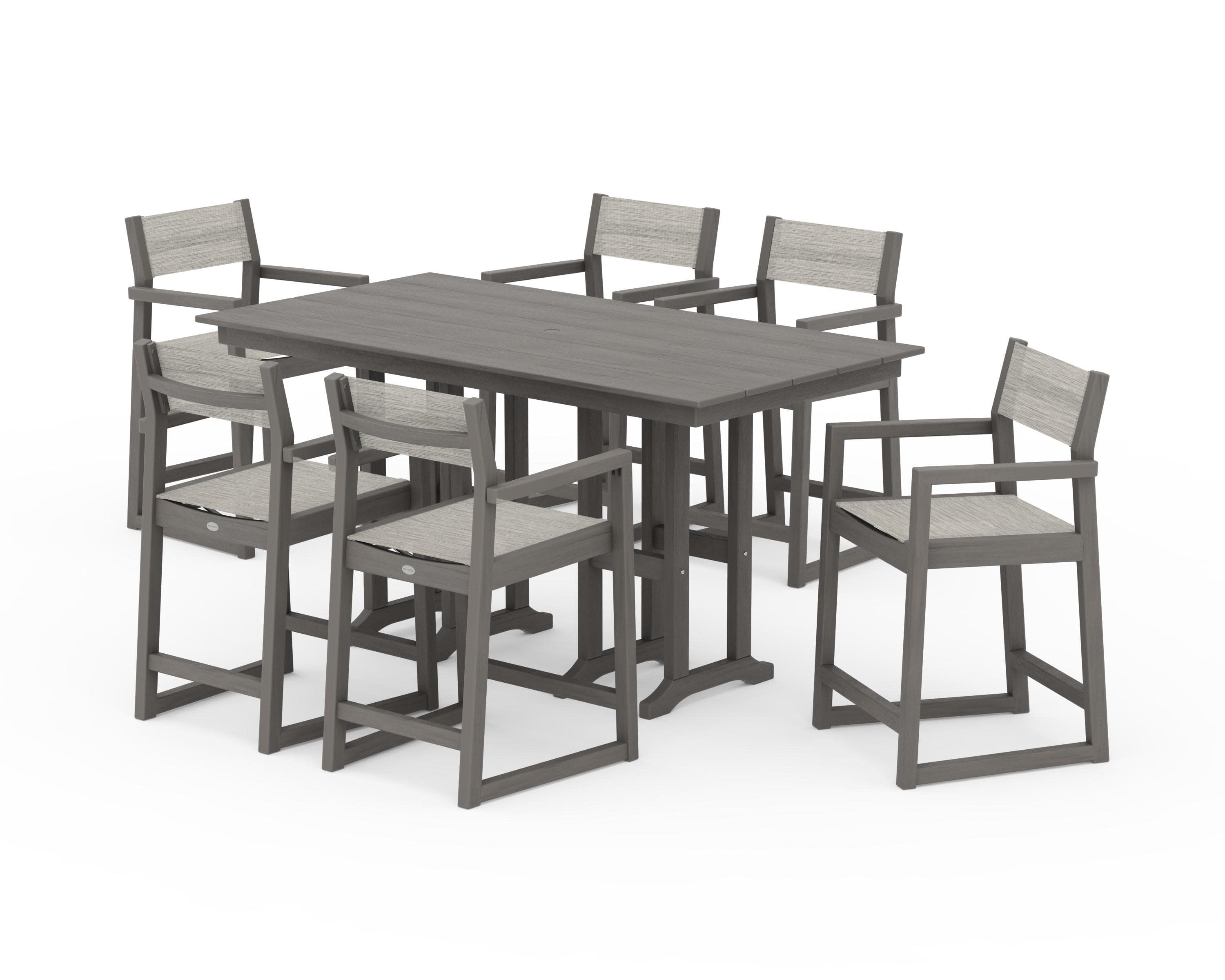 EDGE Sling Arm Chair 7-Piece Farmhouse Counter Set in Driftwood / Birch Sling
