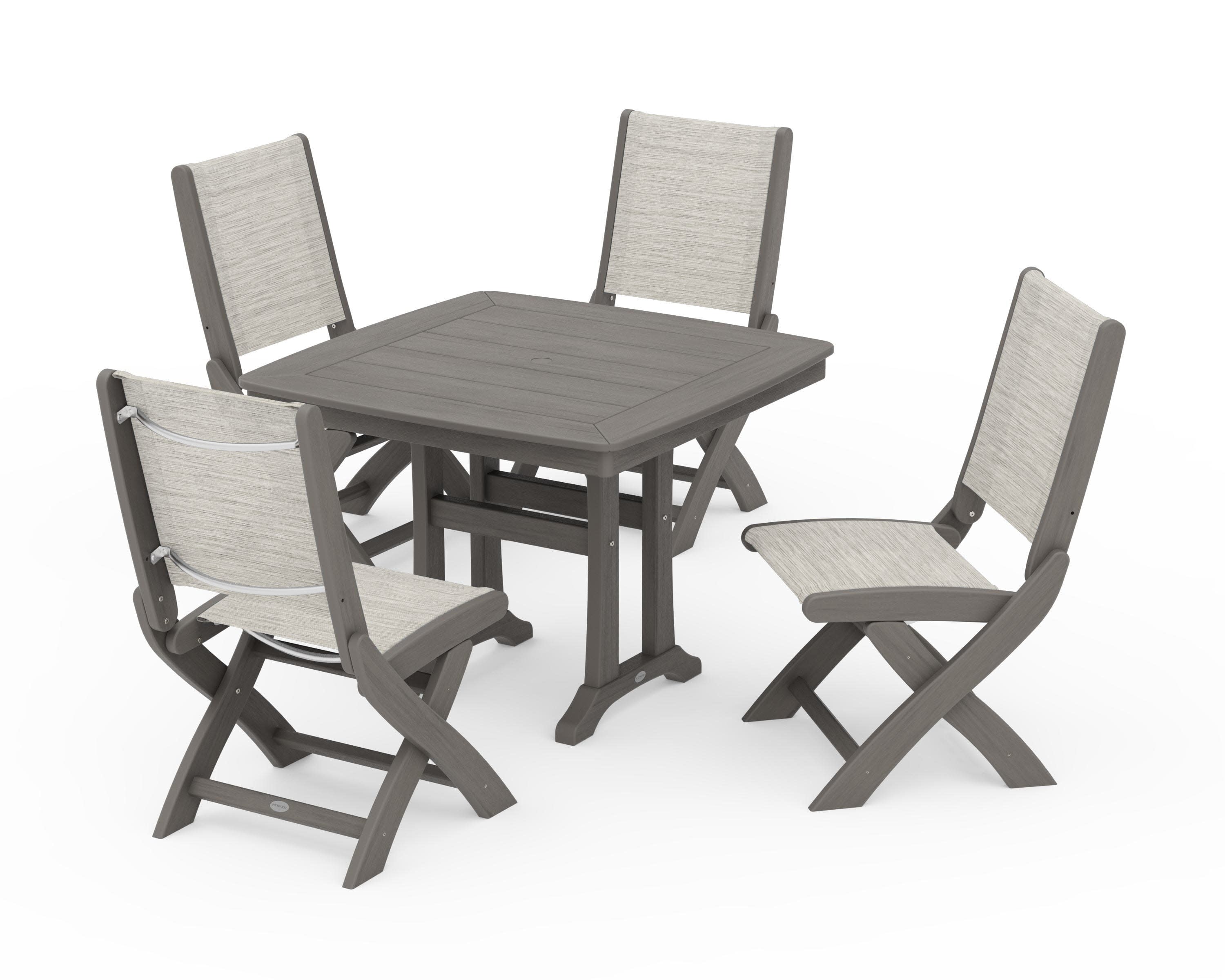 Coastal Folding Side Chair 5-Piece Dining Set with Trestle Legs in Driftwood / Birch Sling