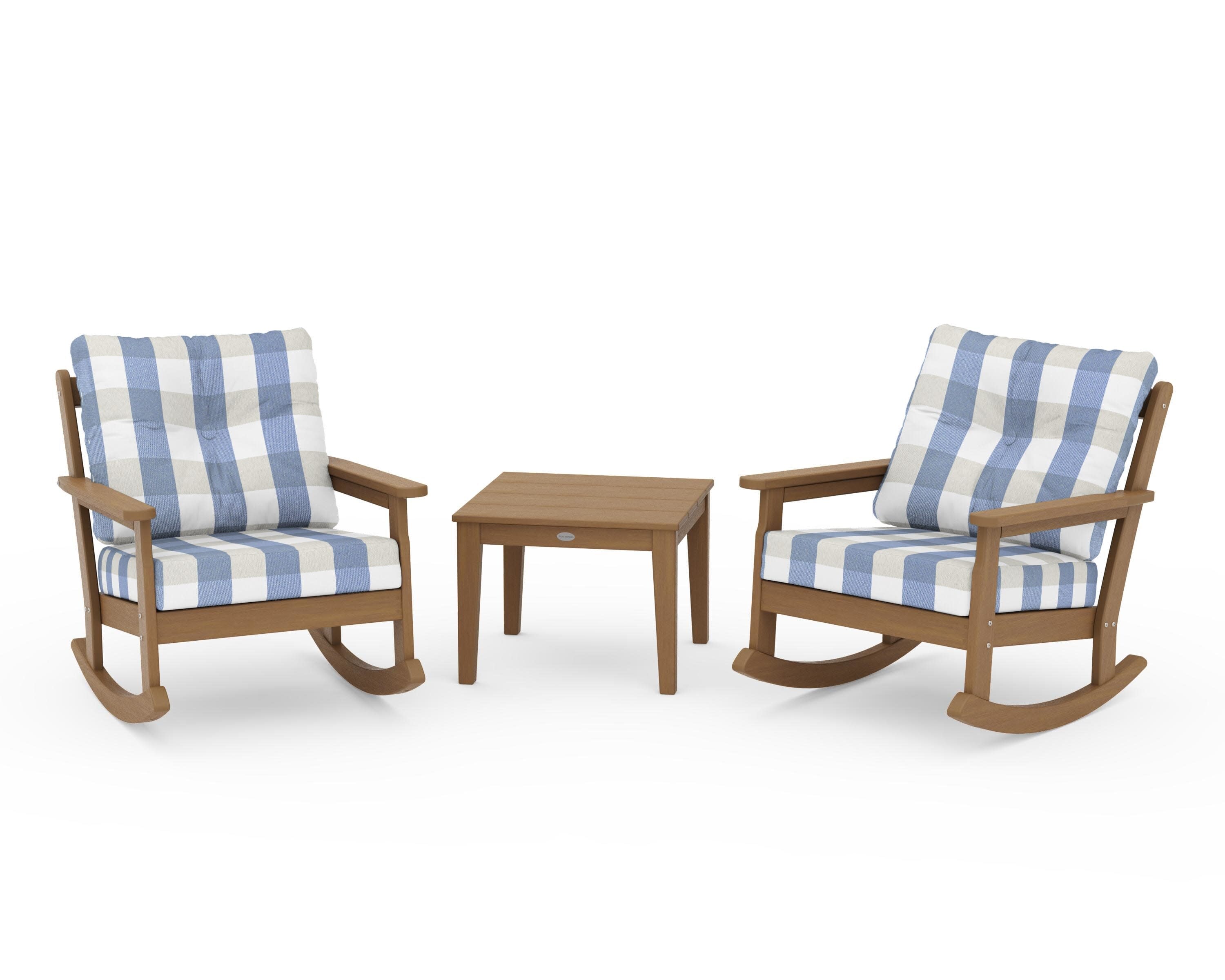 Vineyard 3-Piece Deep Seating Rocker Set in Natural / Buffalo Plaid Sky Blue