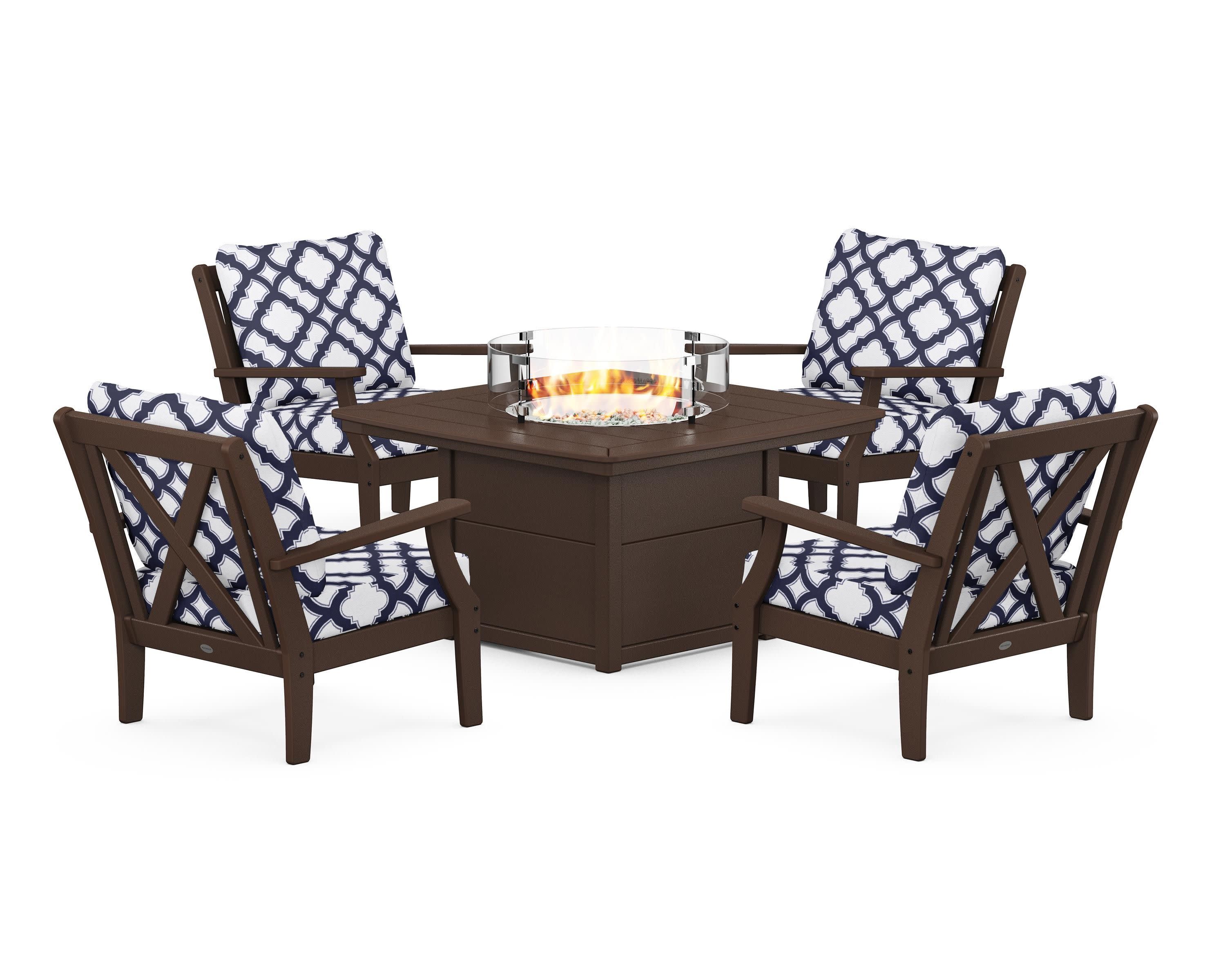 Braxton 5-Piece Deep Seating Conversation Set with Fire Pit Table in Mahogany / Trellis Navy