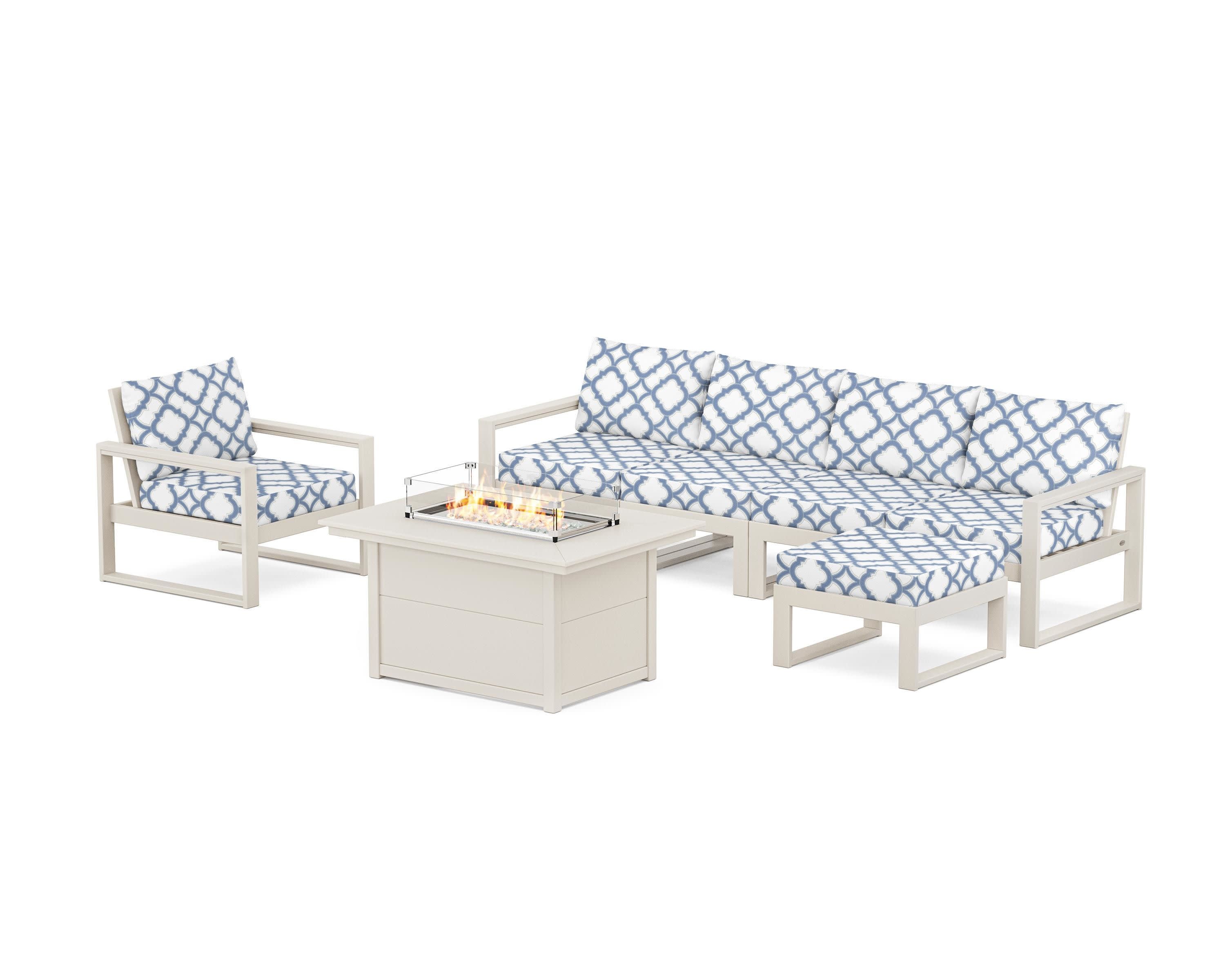 EDGE Sectional Lounge and Fire Pit Set in Sand / Trellis Sky Blue