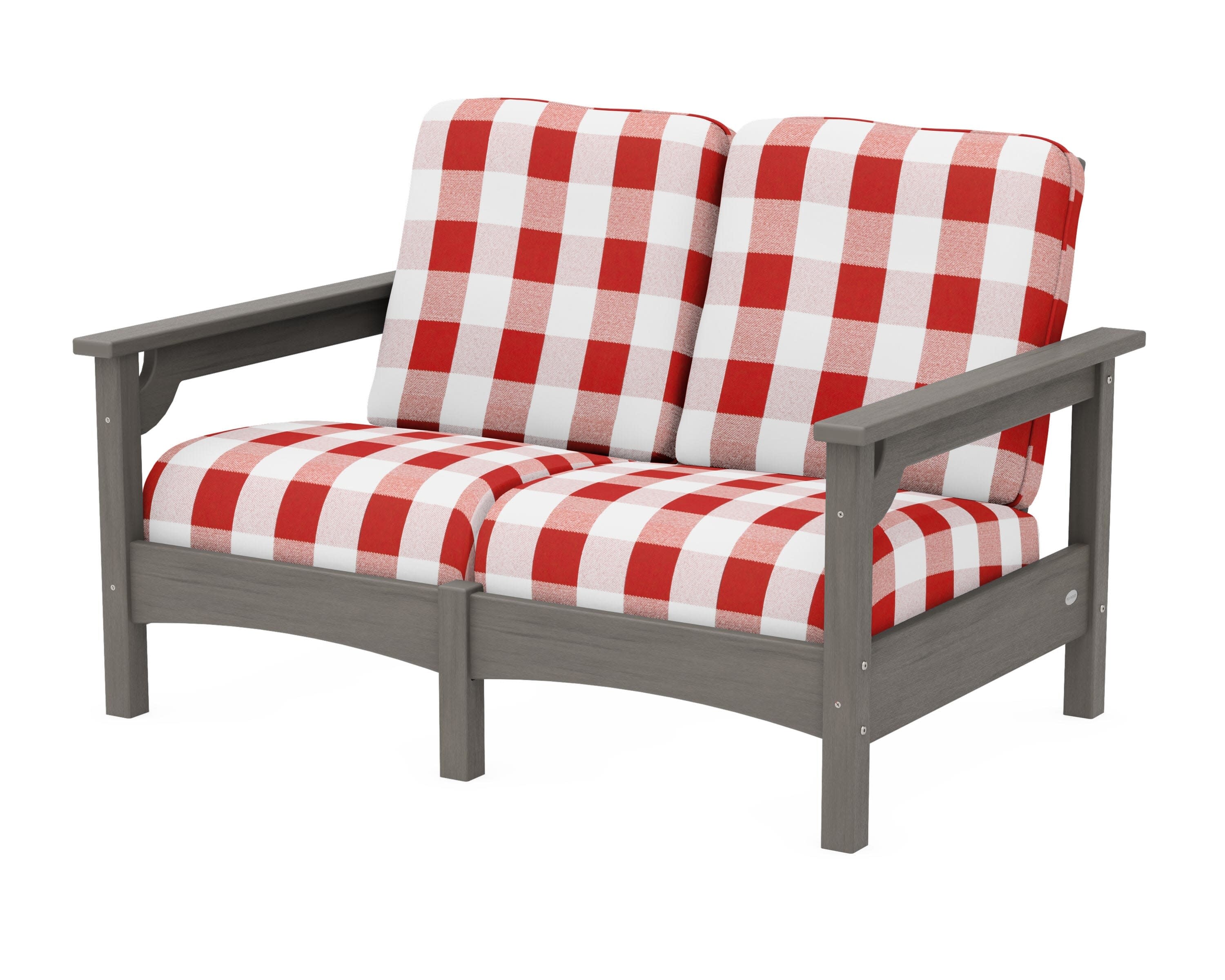 Club Loveseat in Driftwood / Buffalo Plaid Crimson