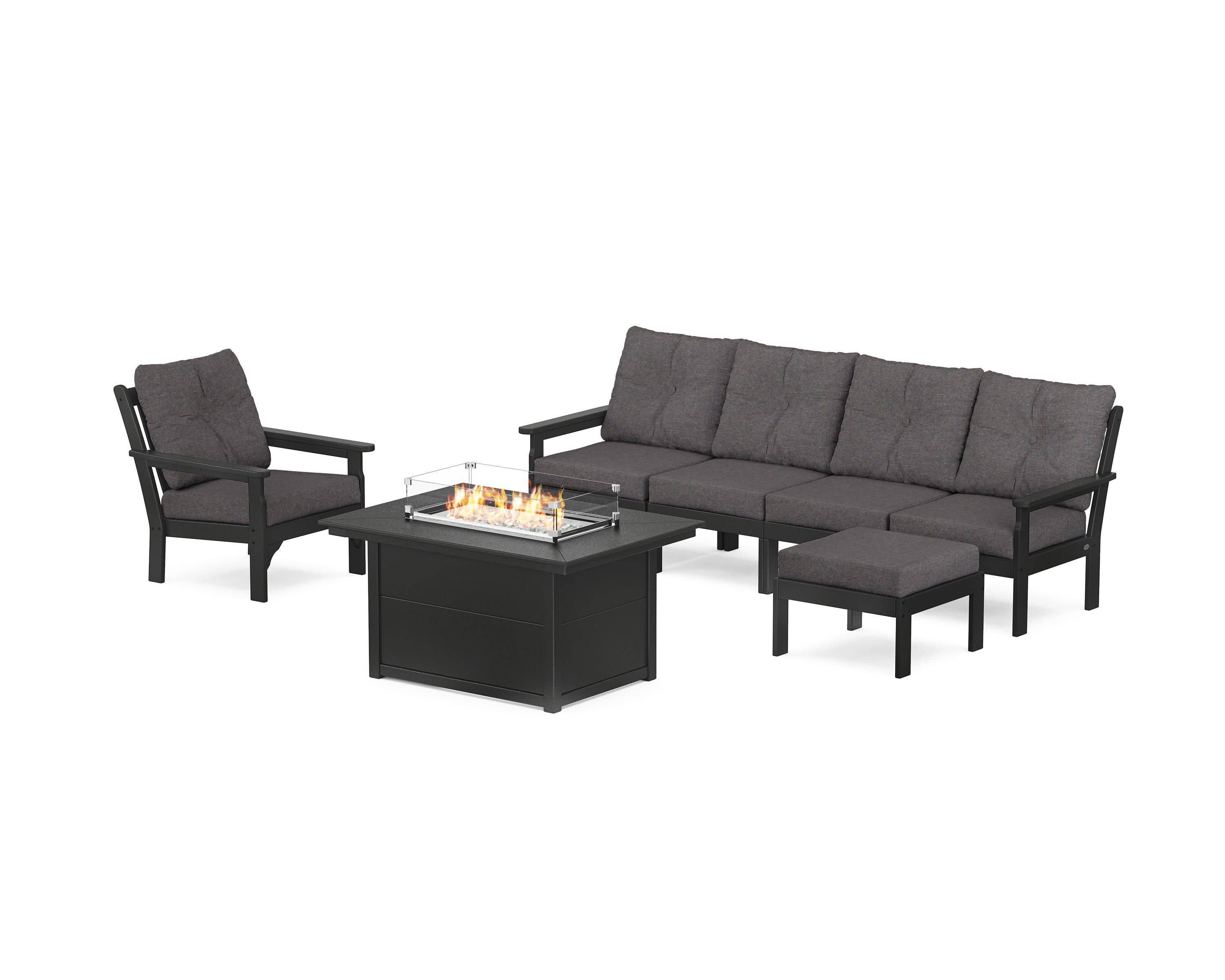 Vineyard Sectional Lounge and Fire Pit Set in Black / Ash Charcoal