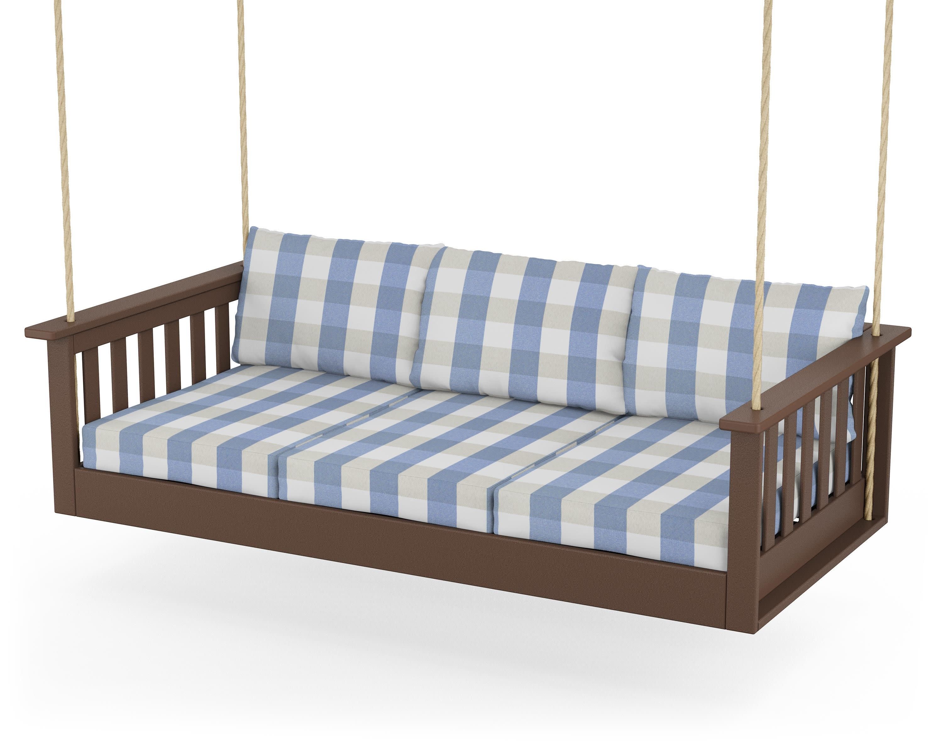Vineyard Daybed Swing in Mahogany / Buffalo Plaid Sky Blue