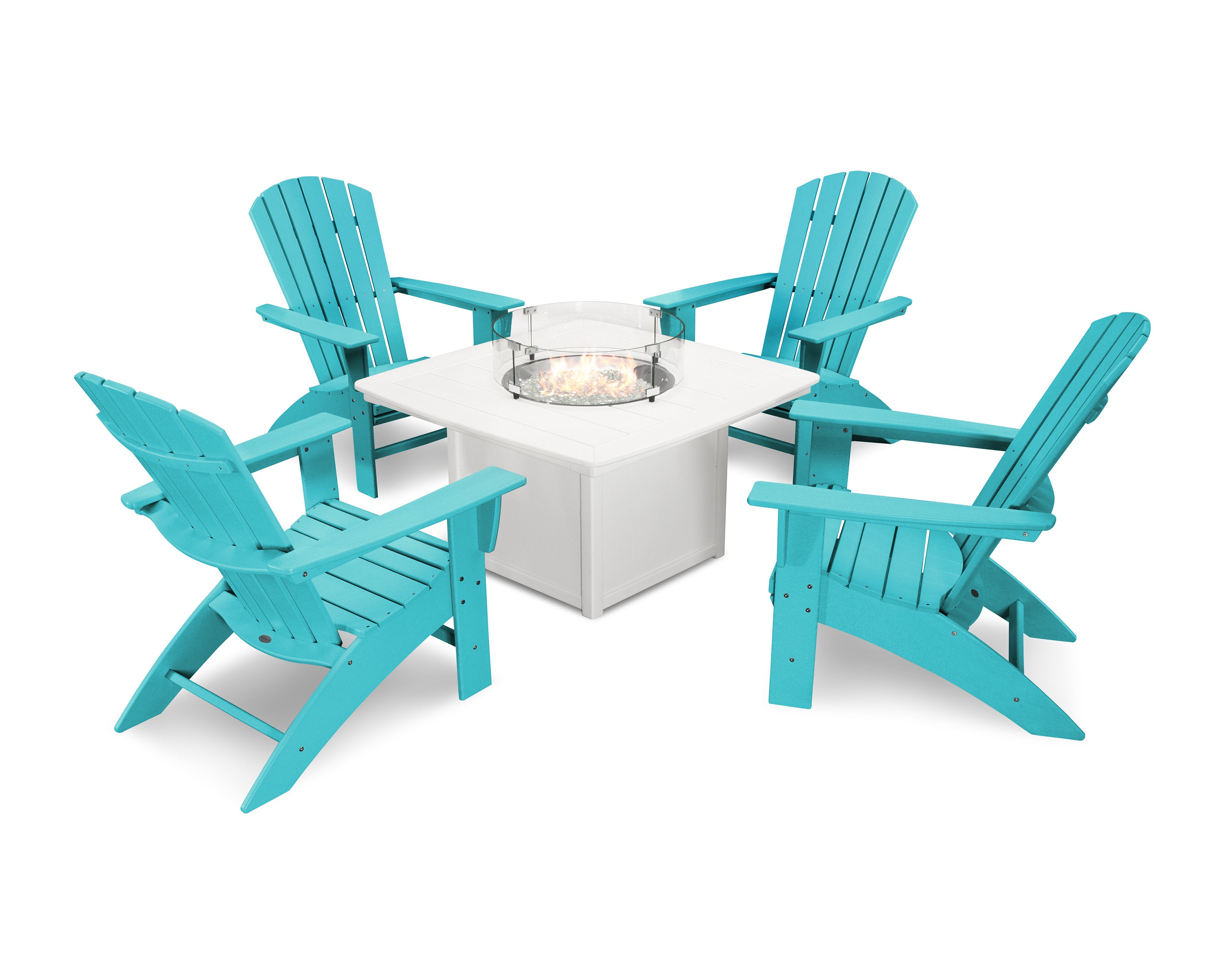 Nautical Curveback Adirondack 5-Piece Conversation Set with Fire Pit Table in Aruba / White