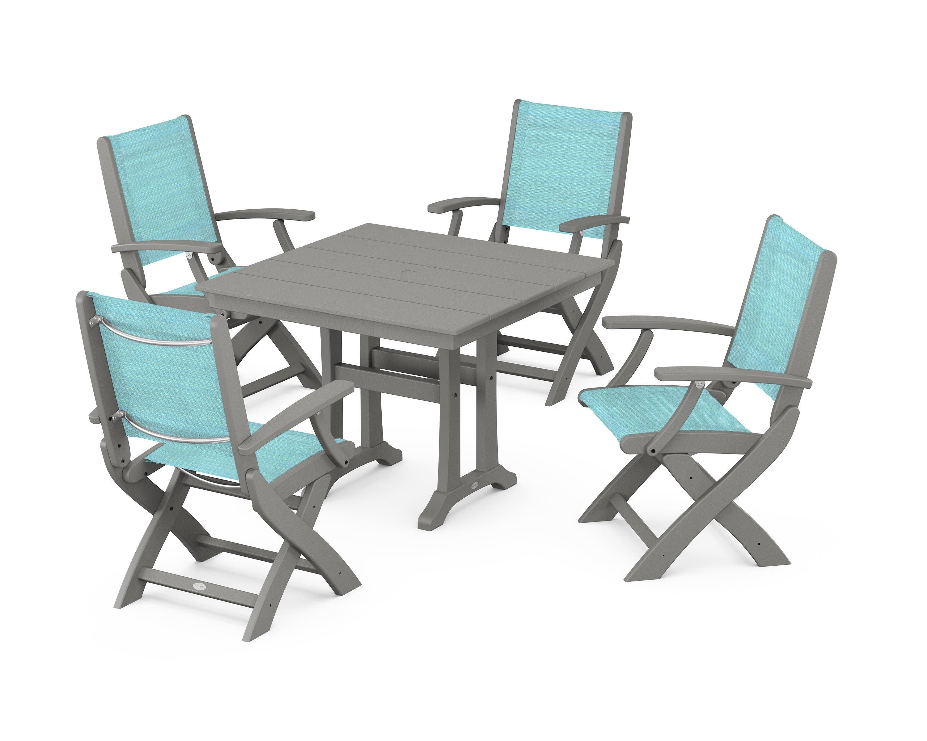 Coastal Folding Chair 5-Piece Farmhouse Dining Set With Trestle Legs in Slate Grey / Dupioni Aquamarine Sling