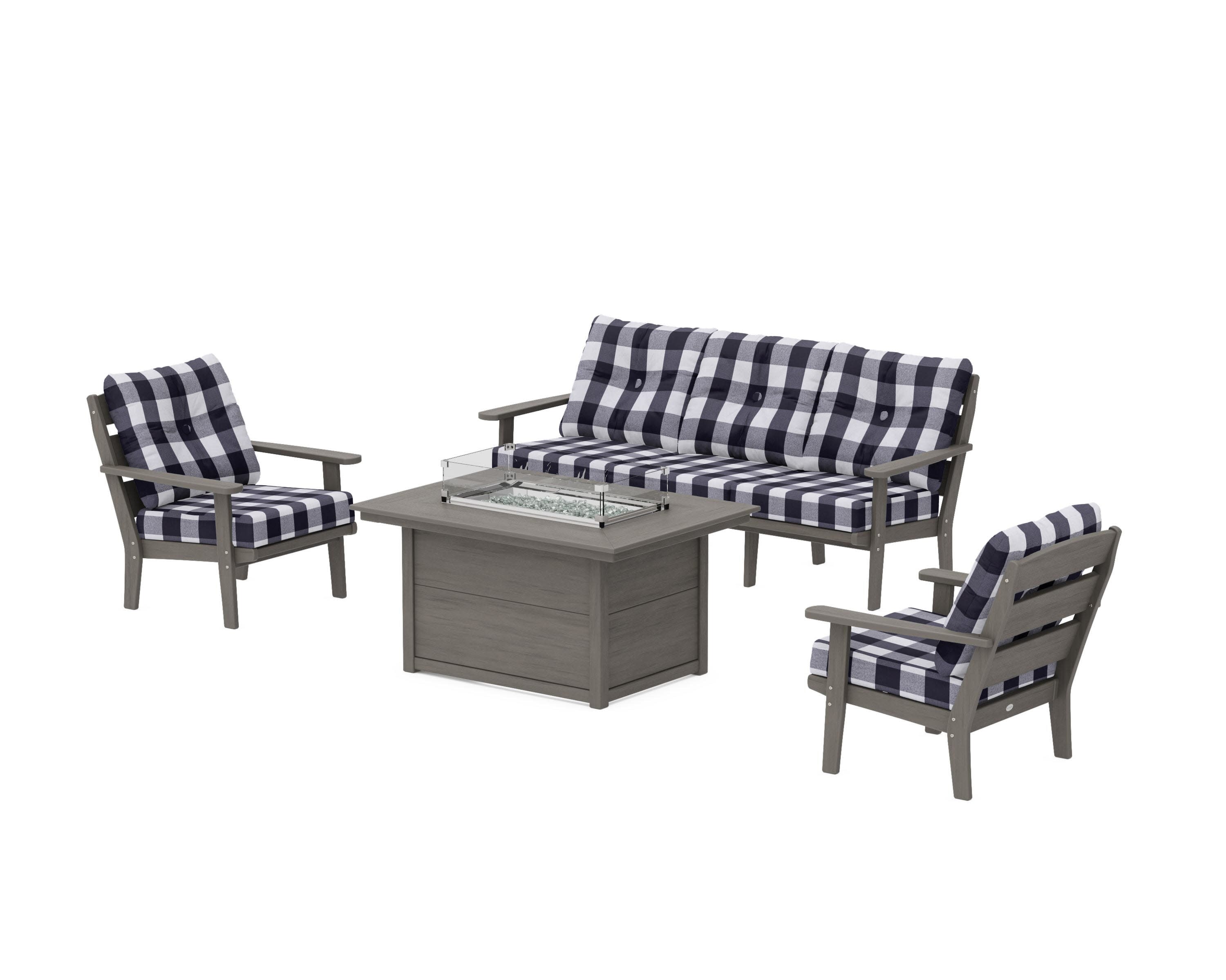 Lakeside Deep Seating Fire Pit Table Set in Driftwood / Buffalo Plaid Navy