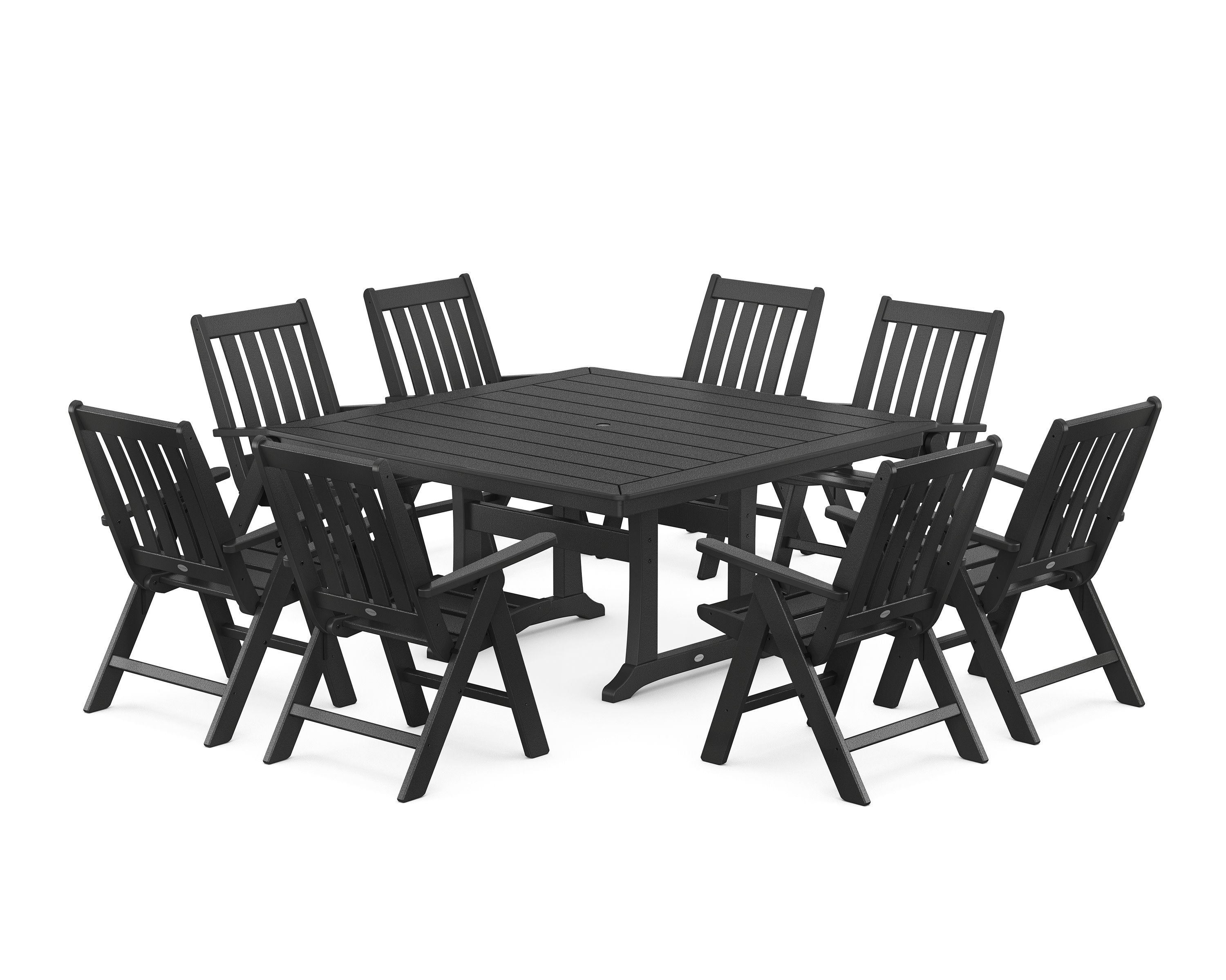 Vineyard Folding Chair 9-Piece Square Dining Set with Trestle Legs in Black