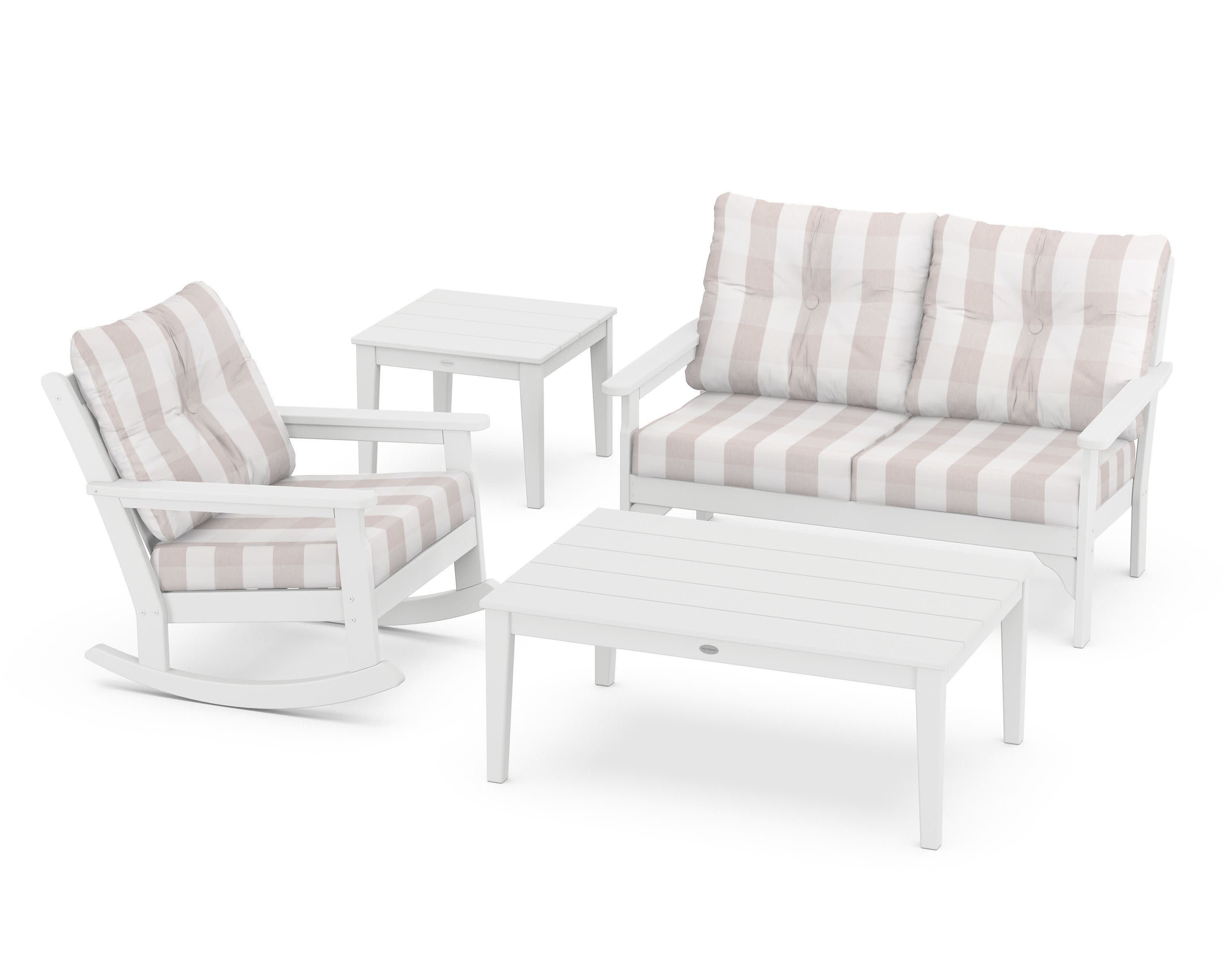 Vineyard 4-Piece Deep Seating Rocker Set in White / Buffalo Plaid Dune Burlap
