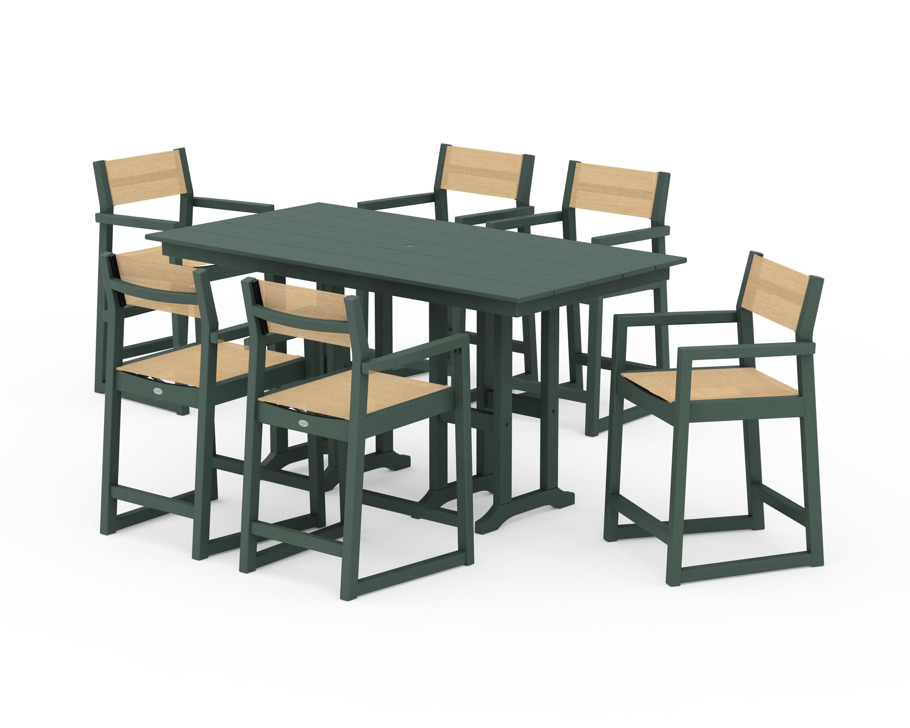 EDGE Sling Arm Chair 7-Piece Farmhouse Counter Set in Green / Dupioni Apricot Sling