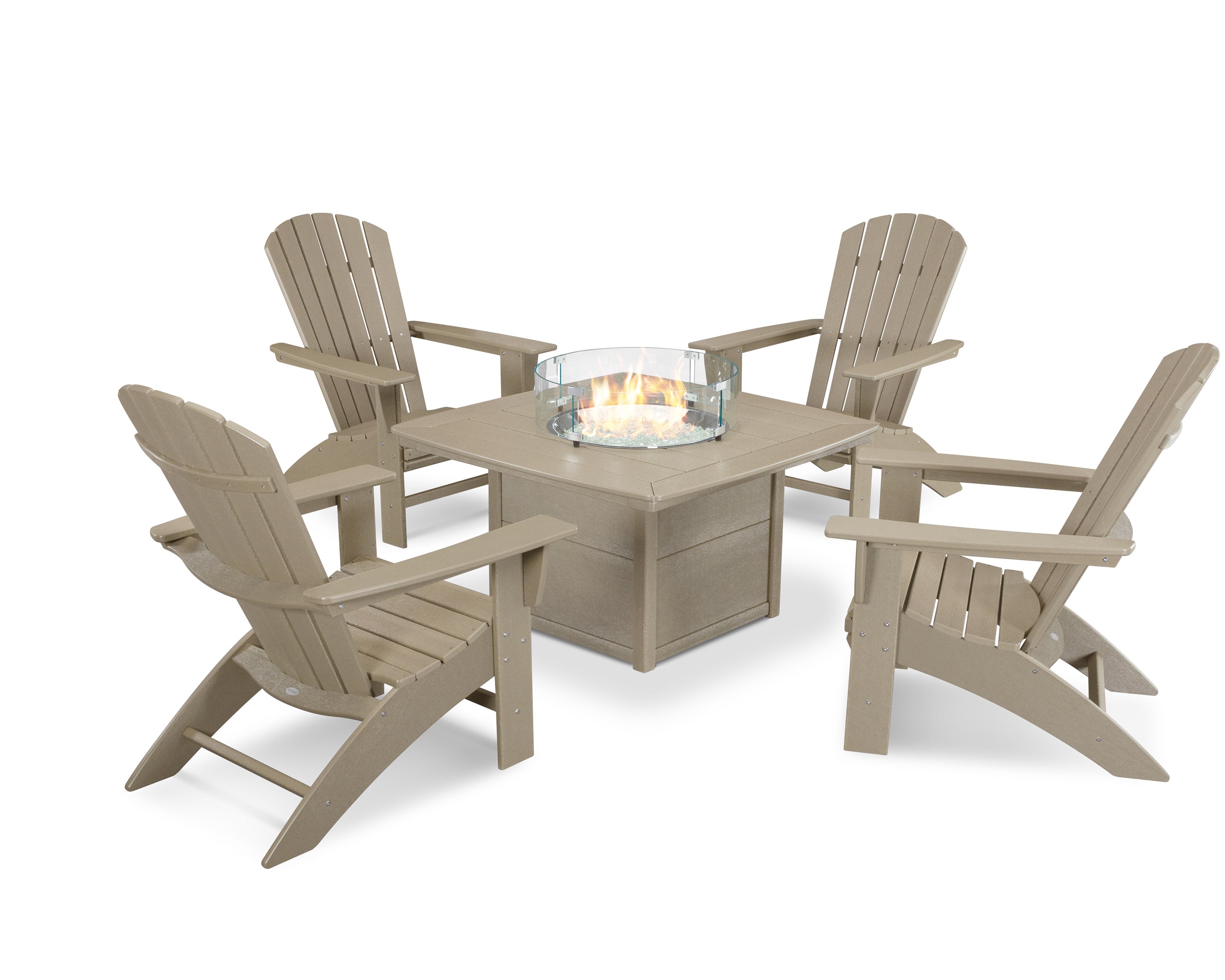 Nautical Curveback Adirondack 5-Piece Conversation Set with Fire Pit Table in Vintage Sahara