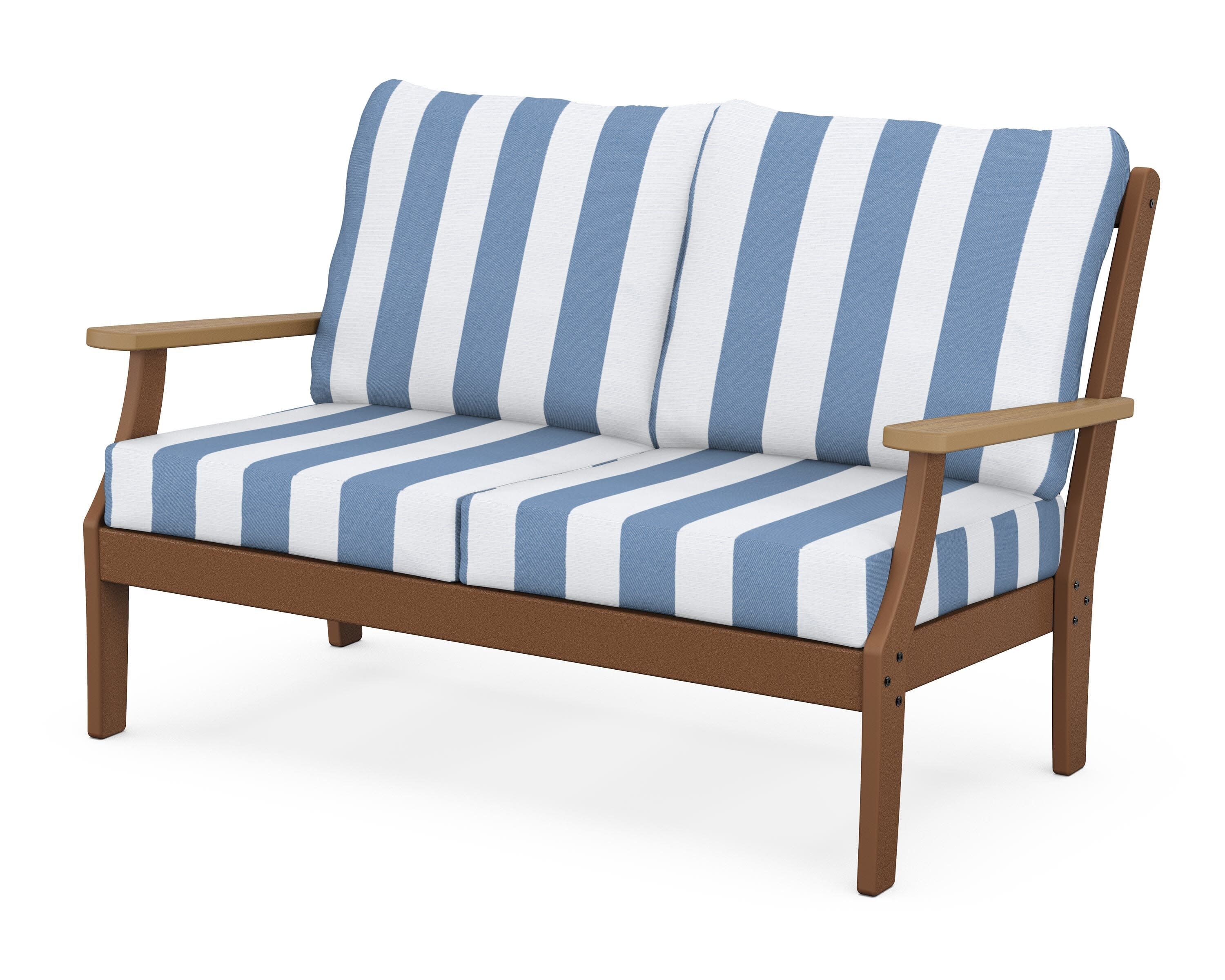 Braxton Deep Seating Loveseat in Teak / Natural / Cabana Stripe Sky Blue