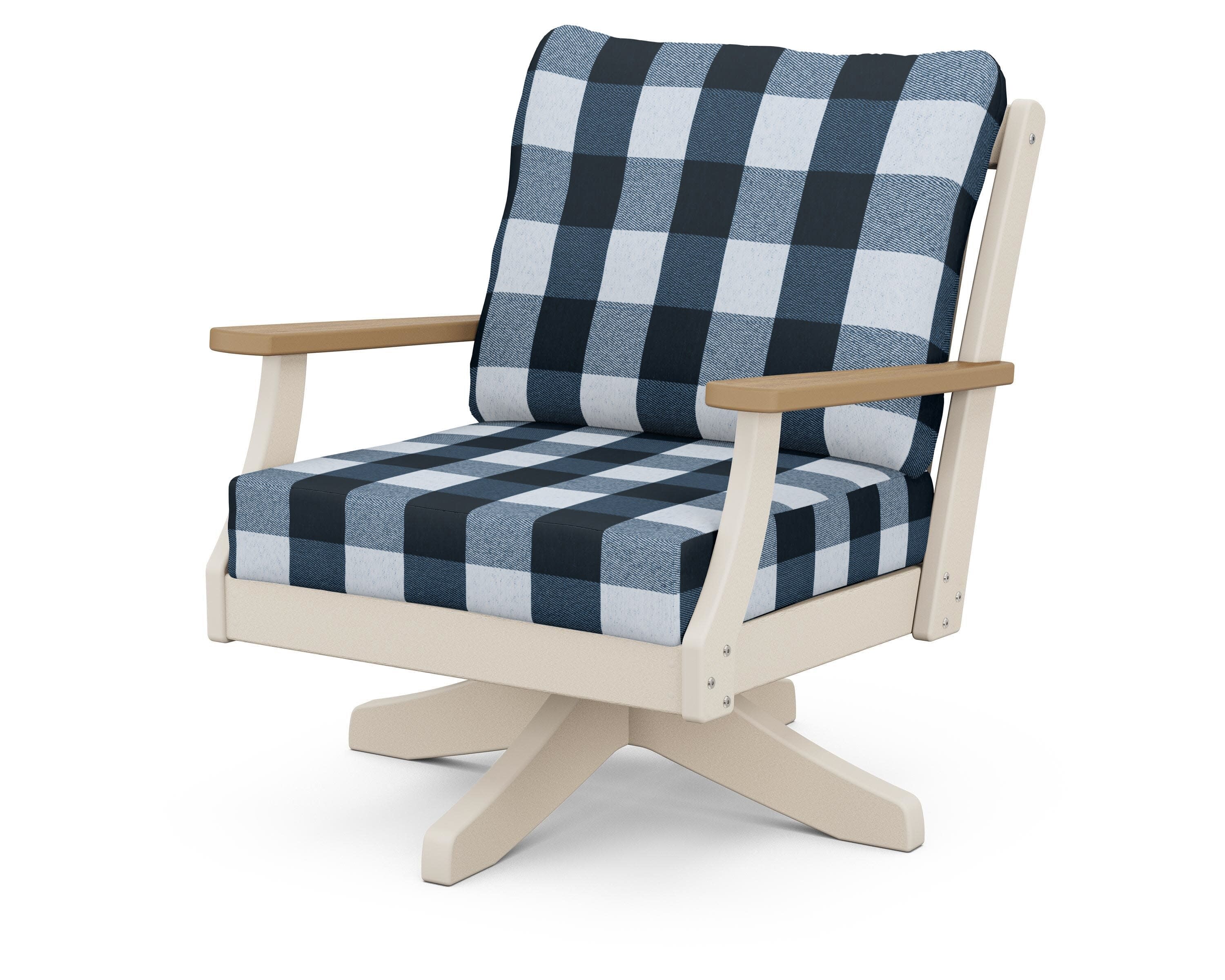 Braxton Deep Seating Swivel Chair in Sand / Natural / Buffalo Plaid Marine Indigo