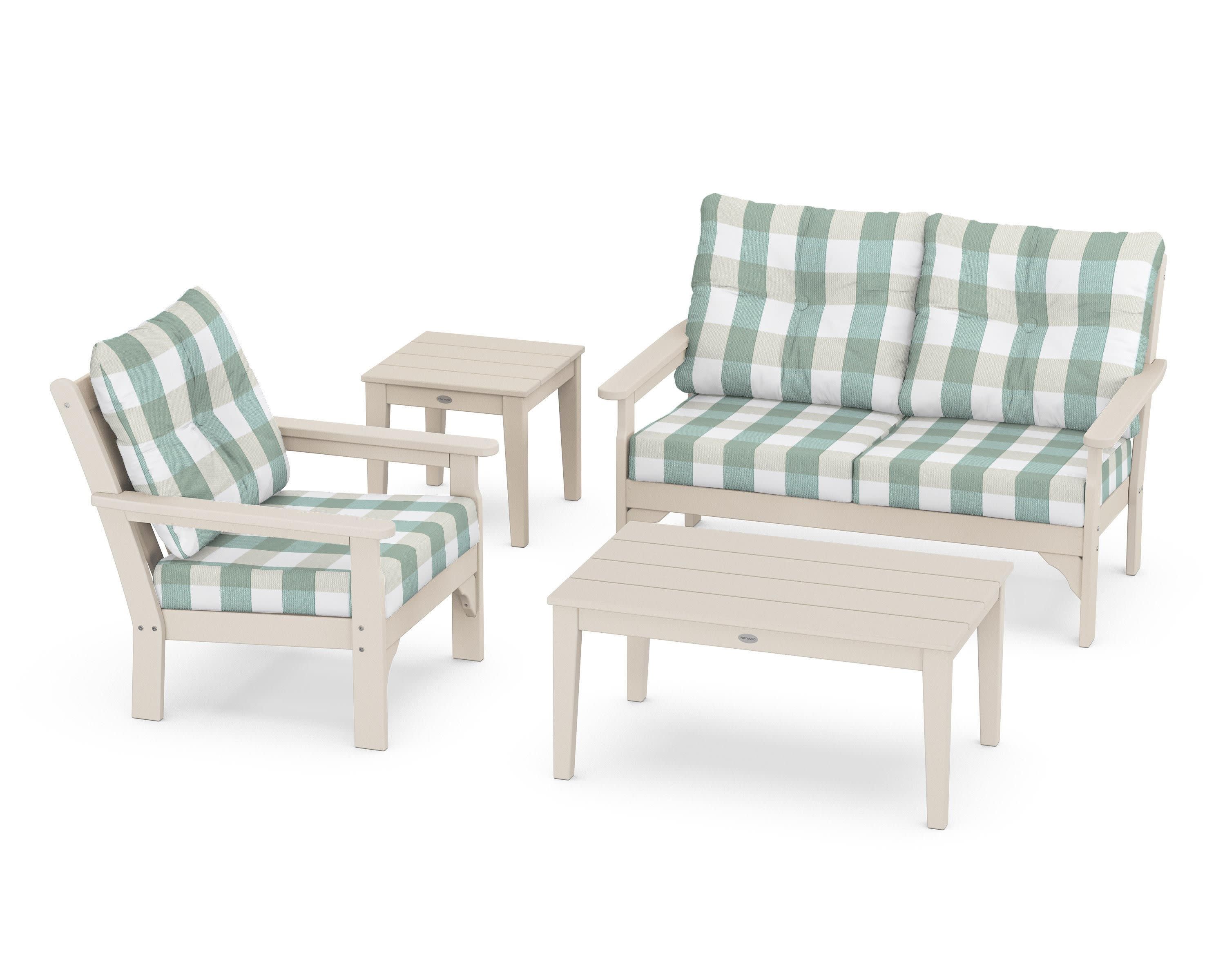 Vineyard 4-Piece Deep Seating Set in Sand / Buffalo Plaid Glacier Spa