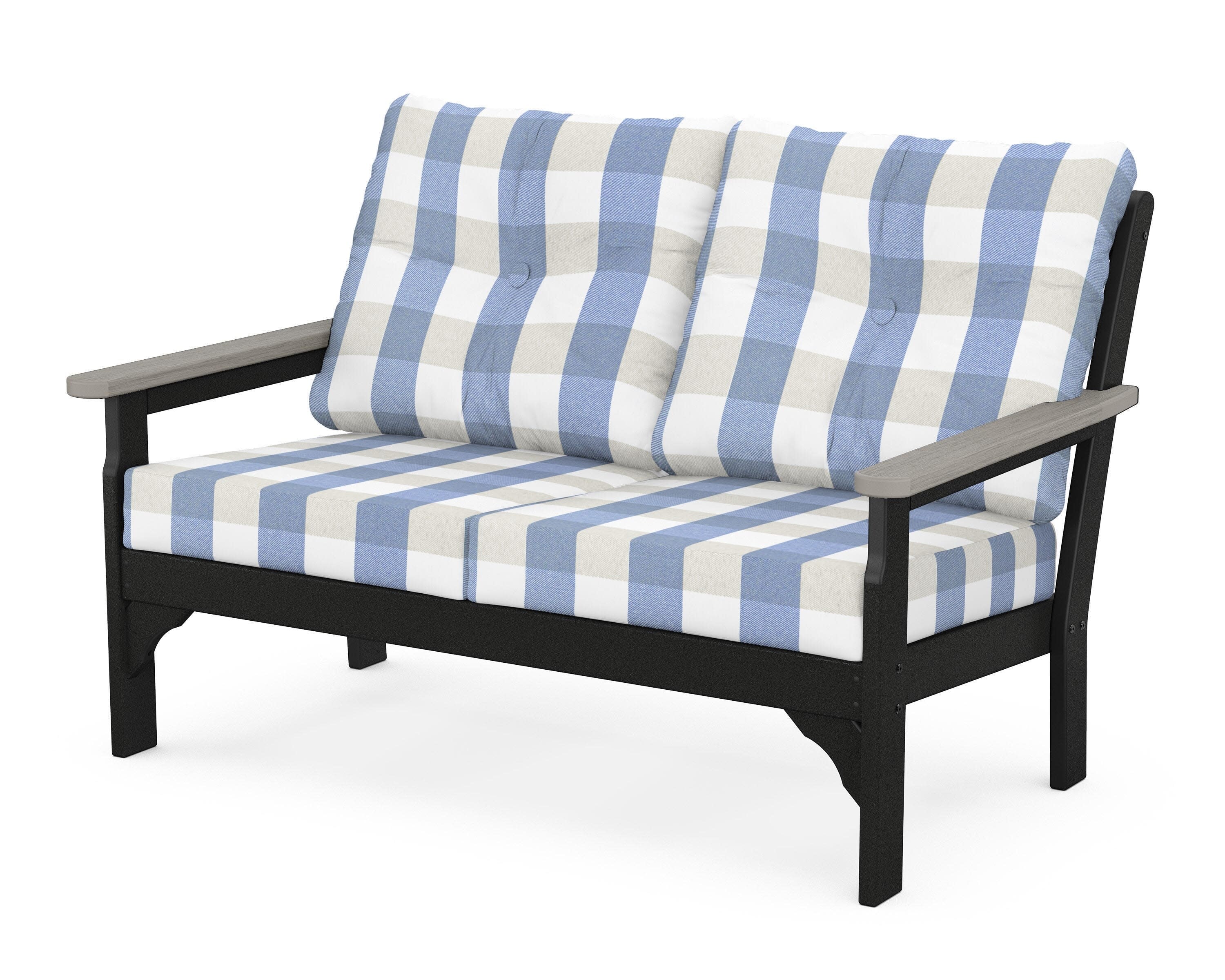 Vineyard Deep Seating Loveseat in Black / Driftwood / Buffalo Plaid Sky Blue