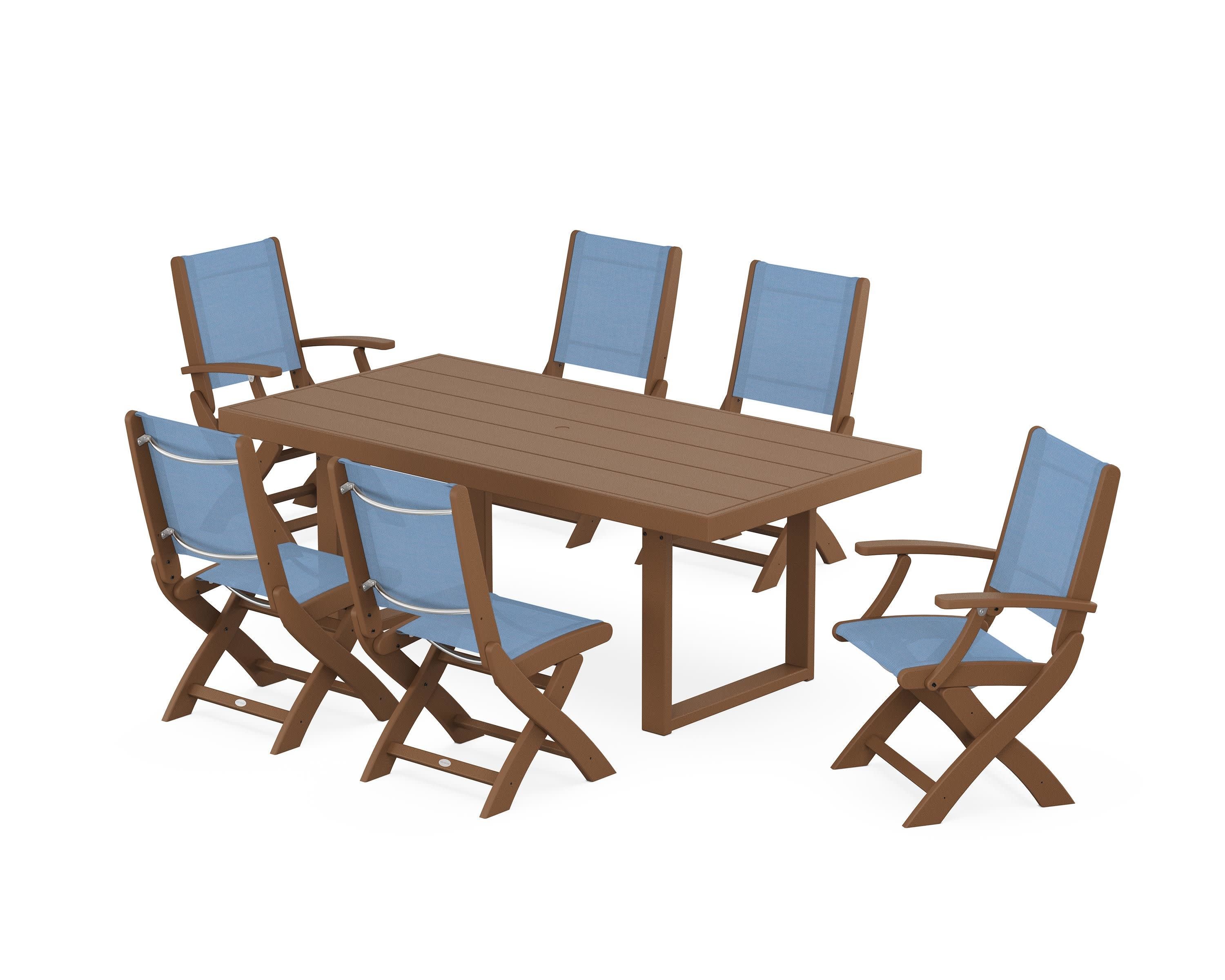 Coastal Folding Chair 7-Piece Dining Set with Trestle Legs in Teak / Poolside Sling