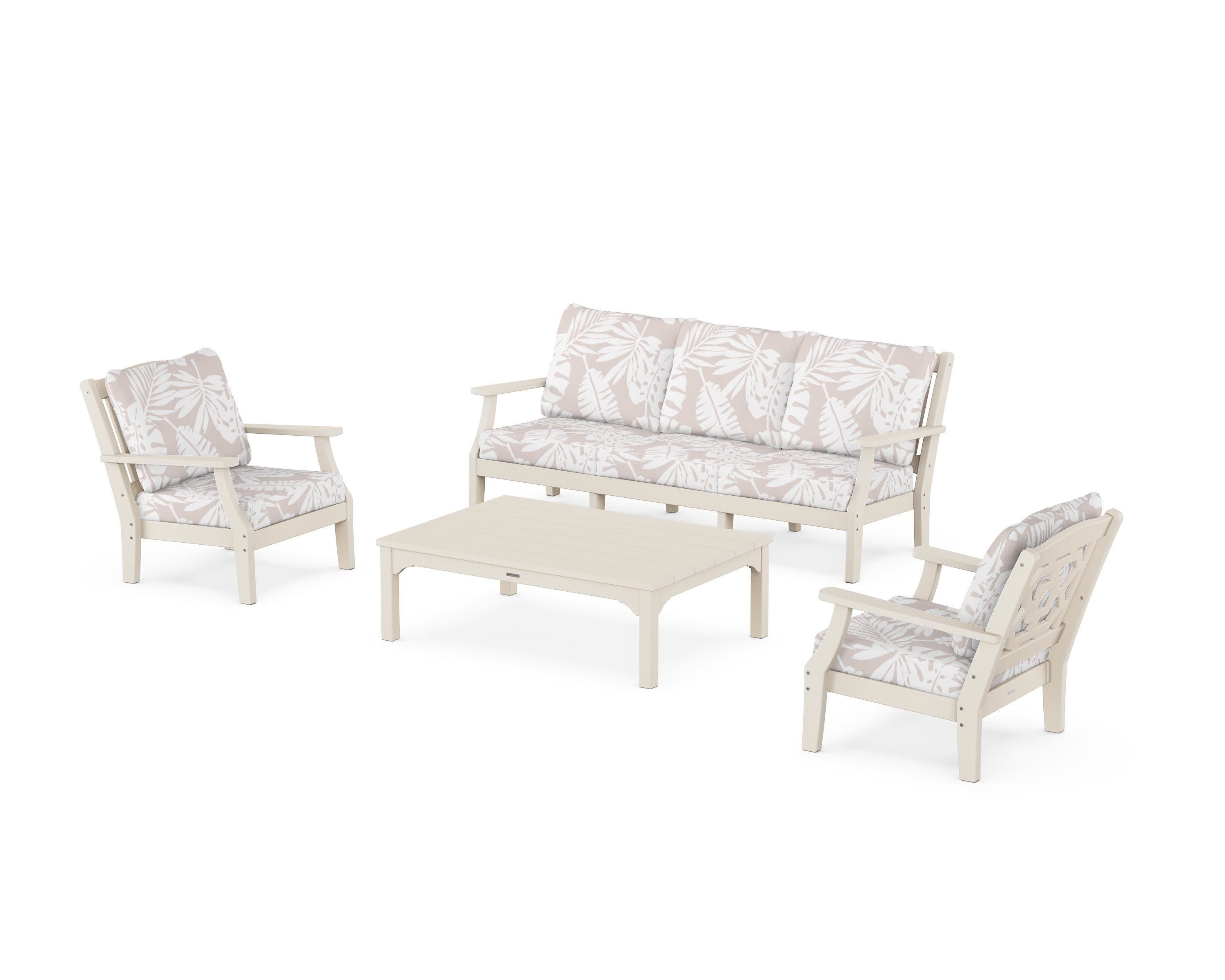 Chinoiserie 4-Piece Deep Seating Set with Sofa in Sand / Leaf Dune Burlap