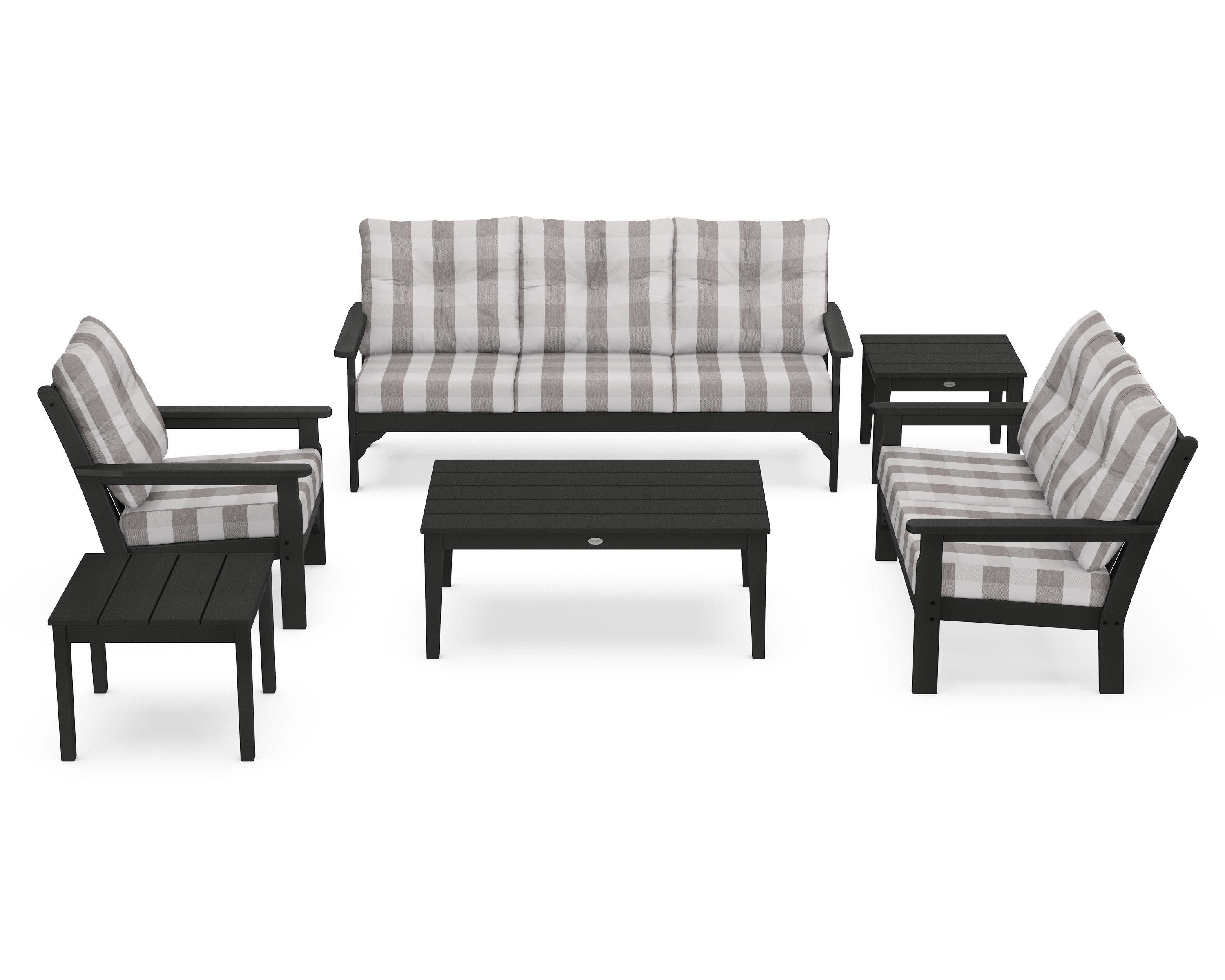 Vineyard 6-Piece Deep Seating Set in Black / Buffalo Plaid Grey Mist