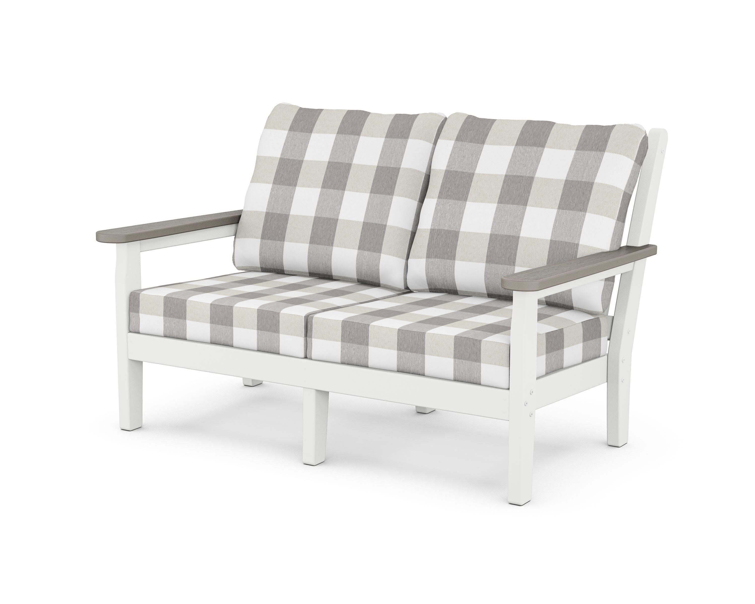 Chippendale Deep Seating Loveseat in White / Driftwood / Buffalo Plaid Grey Mist