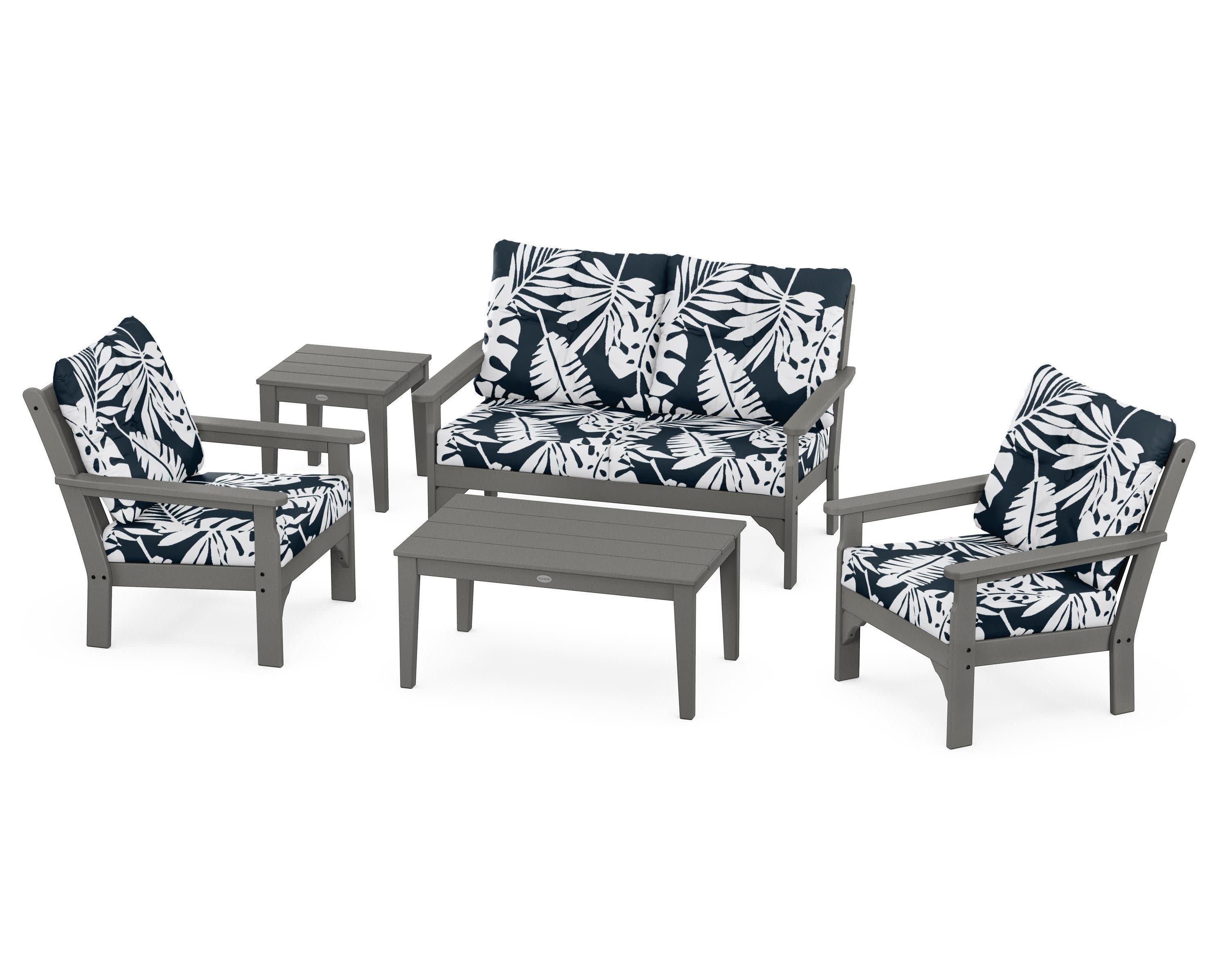 Vineyard 5-Piece Deep Seating Set in Slate Grey / Leaf Marine Indigo