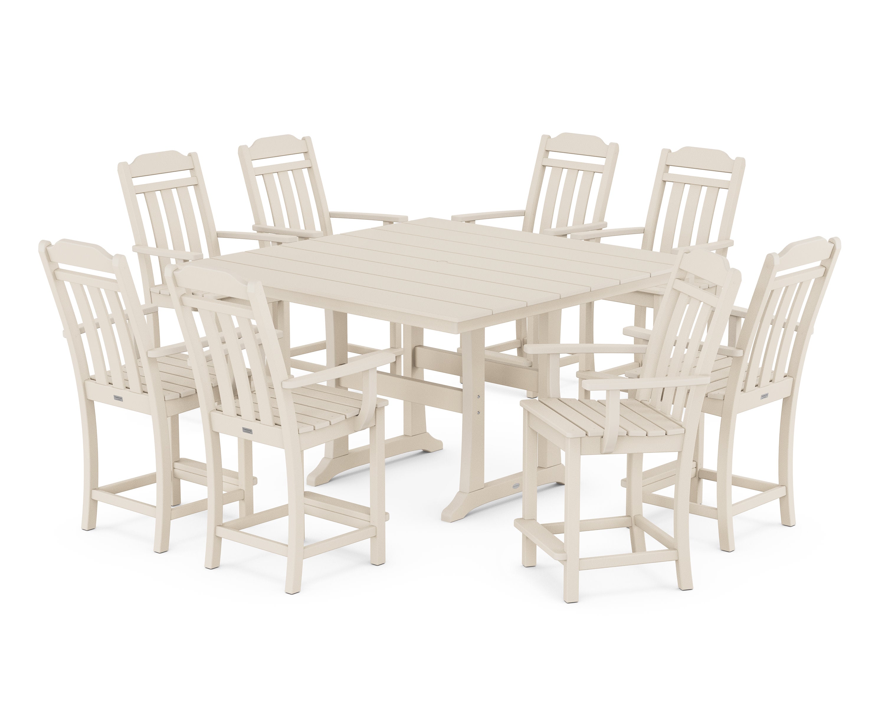 Cottage 9-Piece Square Farmhouse Counter Set with Trestle Legs in Sand