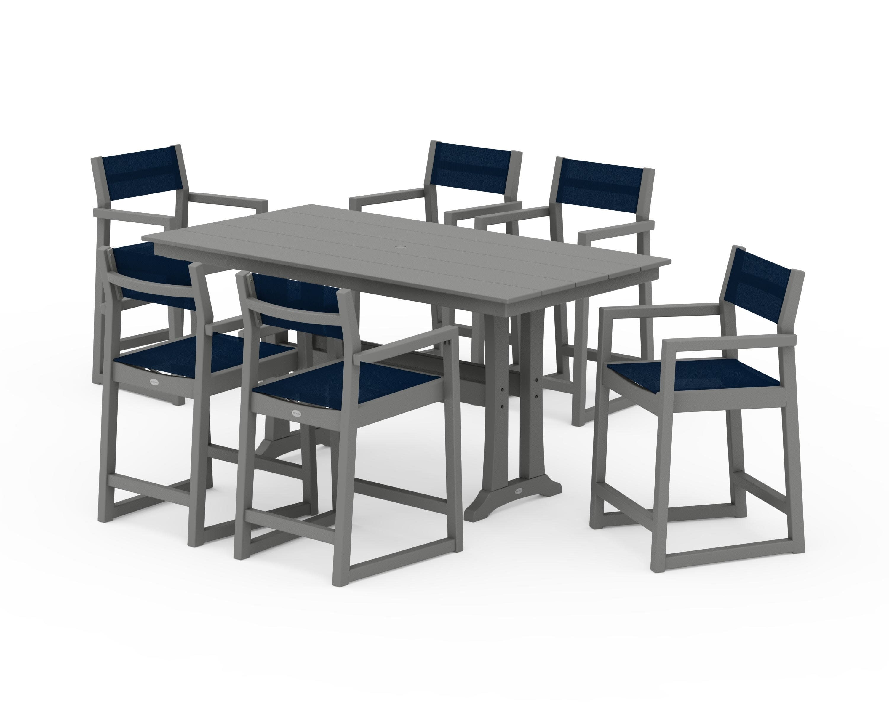 EDGE Sling Arm Chair 7-Piece Farmhouse Counter Set with Trestle Legs in Slate Grey / Navy Blue Sling