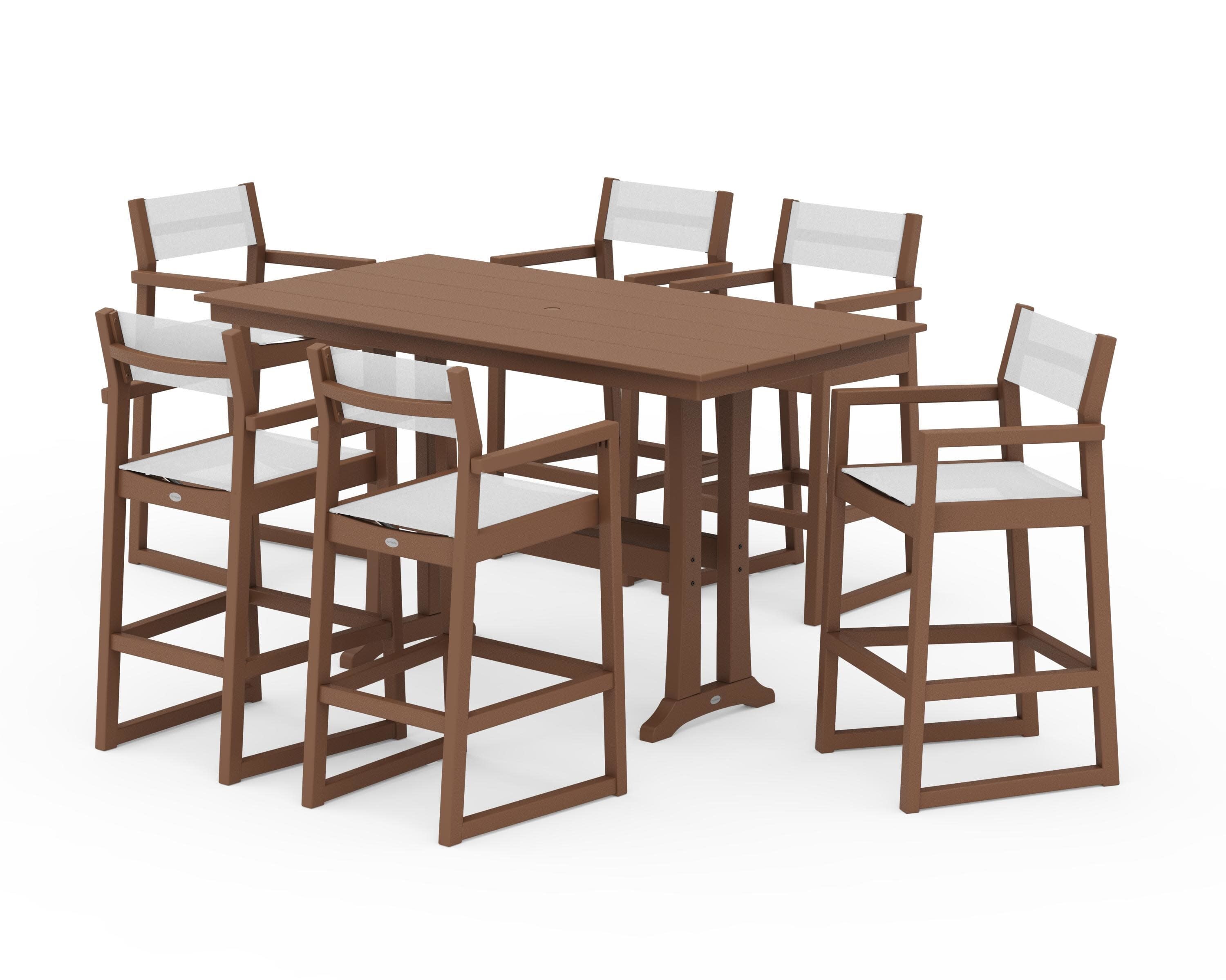 EDGE Sling Arm Chair 7-Piece Farmhouse Bar Set with Trestle Legs in Teak / White Sling