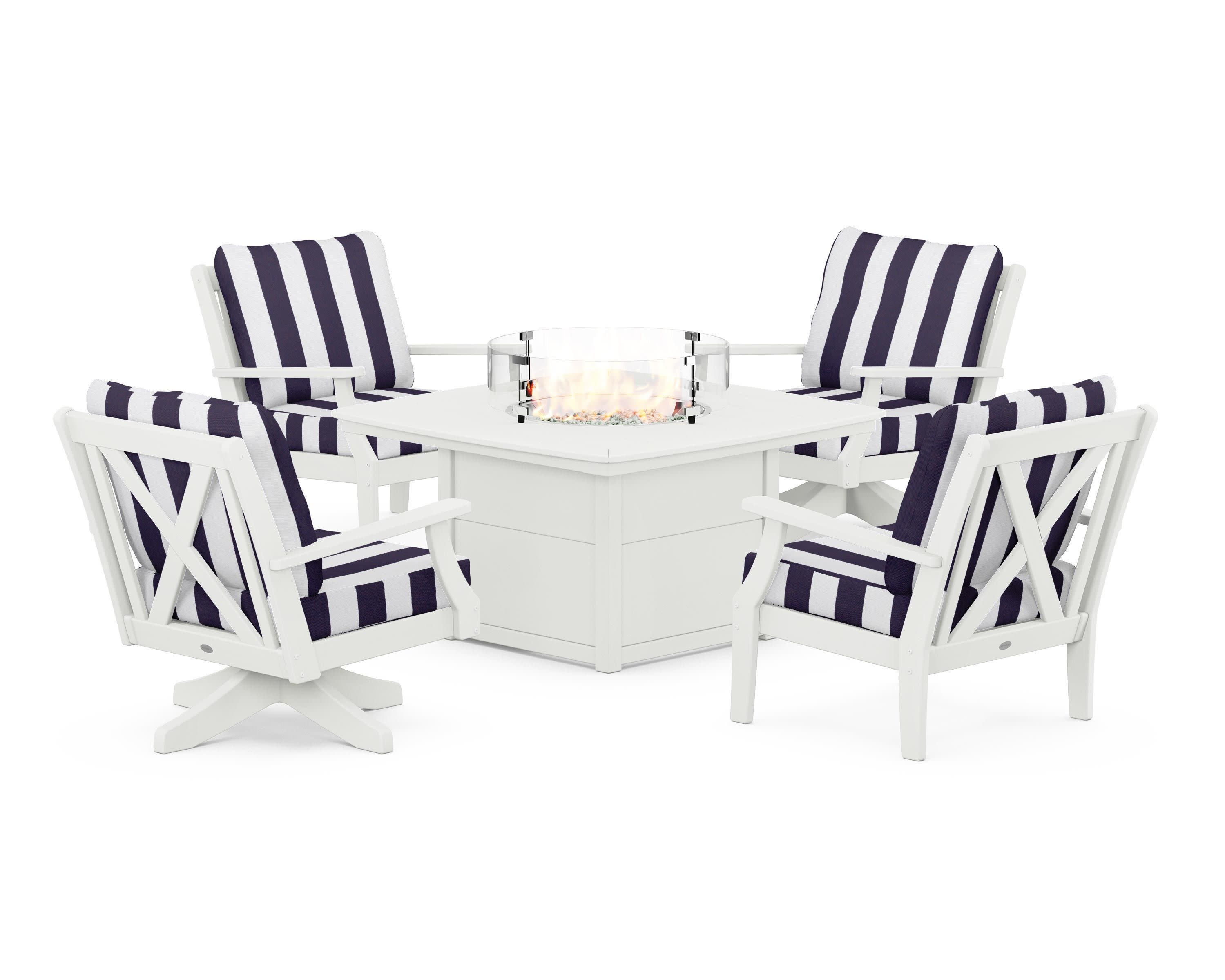 Braxton 5-Piece Deep Seating Set with Fire Table in Vintage White / Cabana Stripe Navy