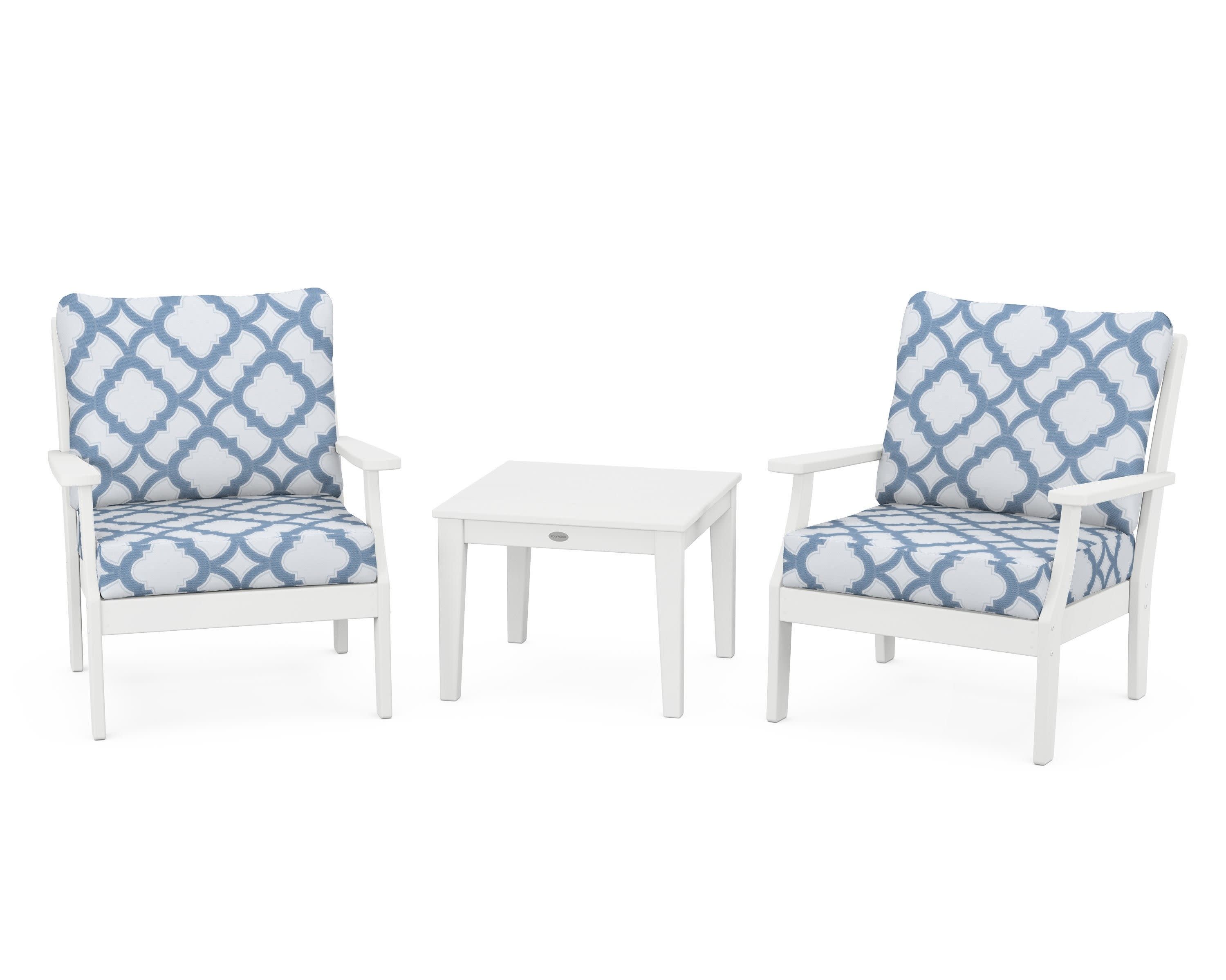 Braxton 3-Piece Deep Seating Set in White / Trellis Sky Blue