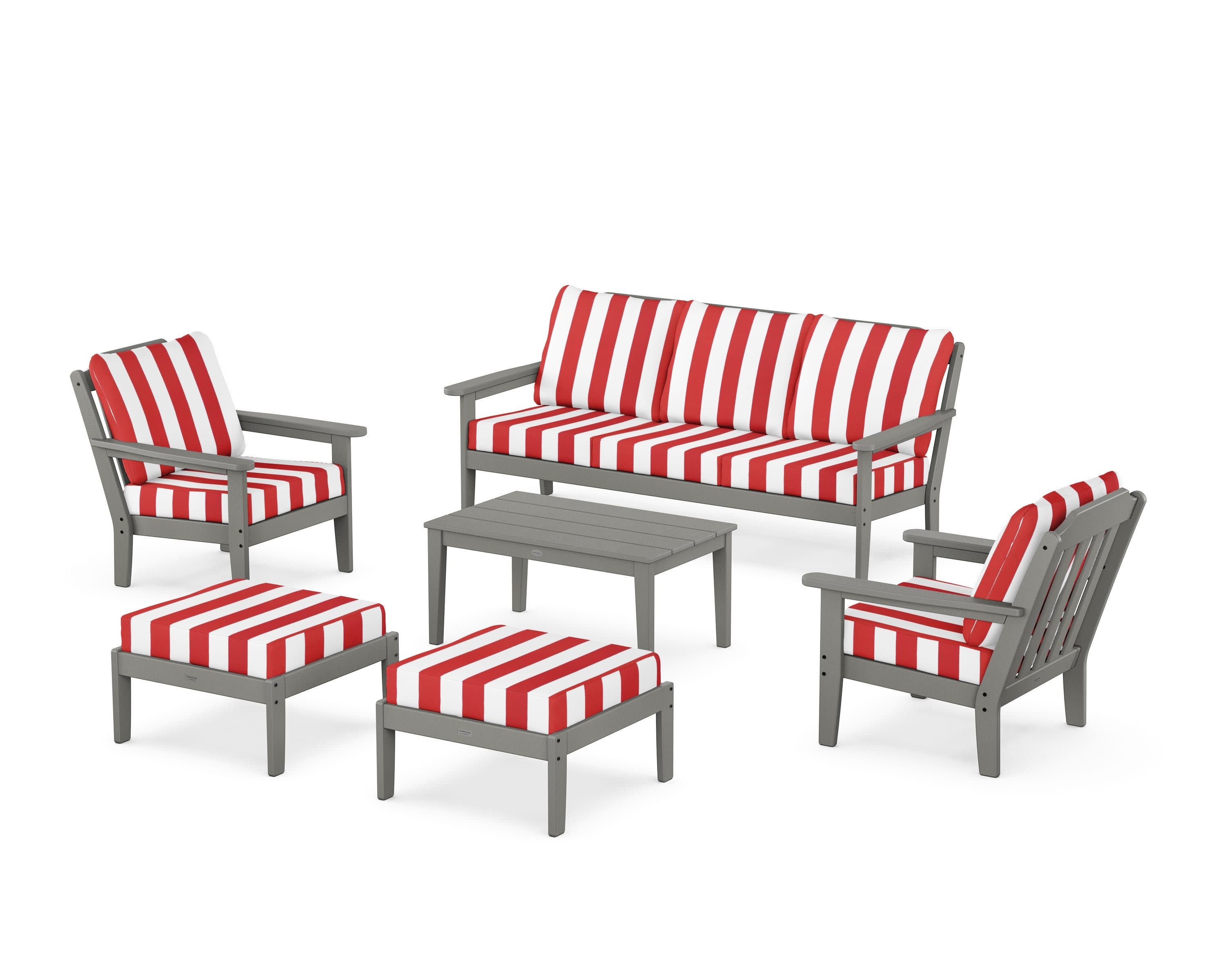 Cottage 6-Piece Lounge Sofa Set in Slate Grey / Cabana Stripe Crimson