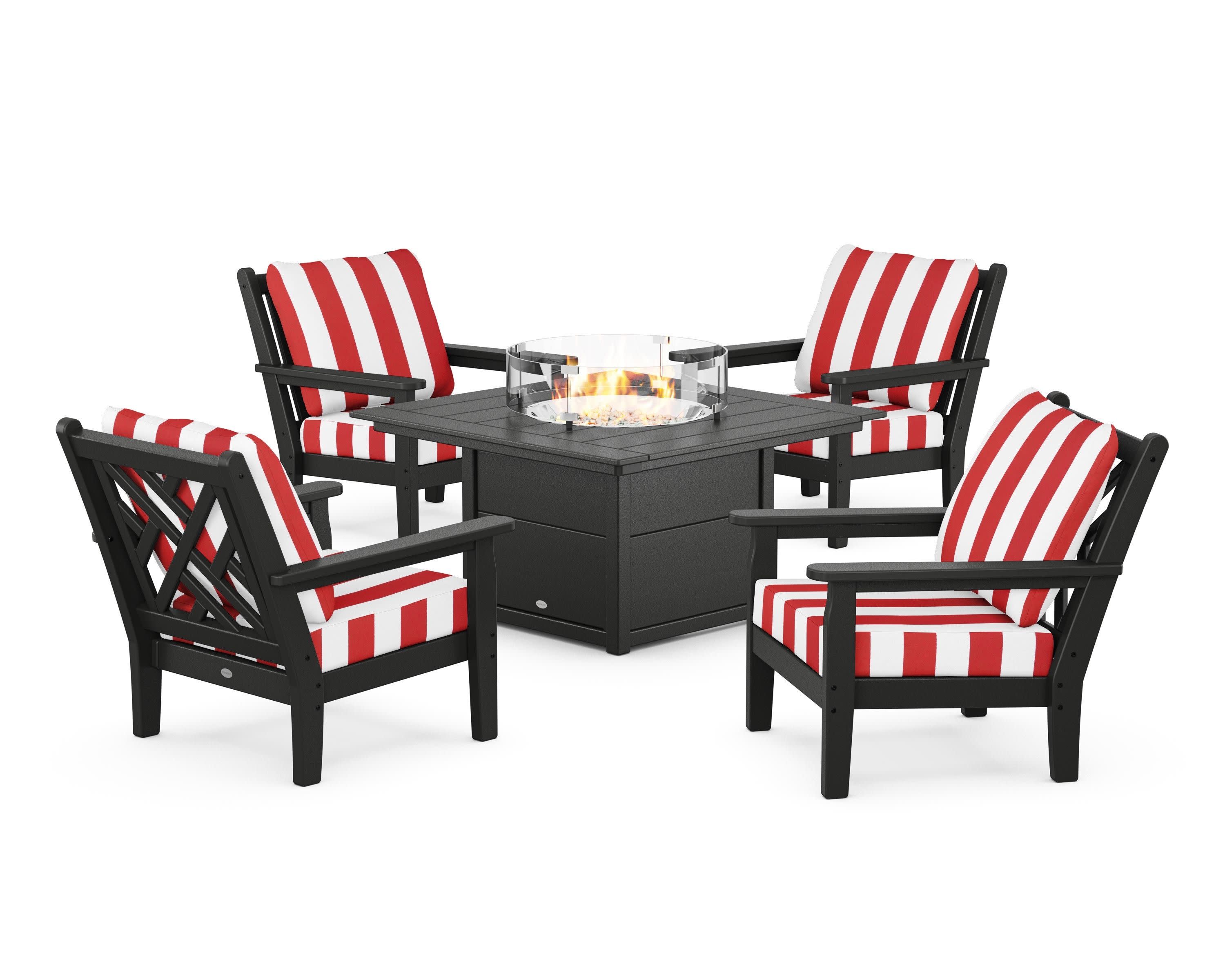 Chippendale 5-Piece Deep Seating Set with Fire Pit Table in Black / Cabana Stripe Crimson