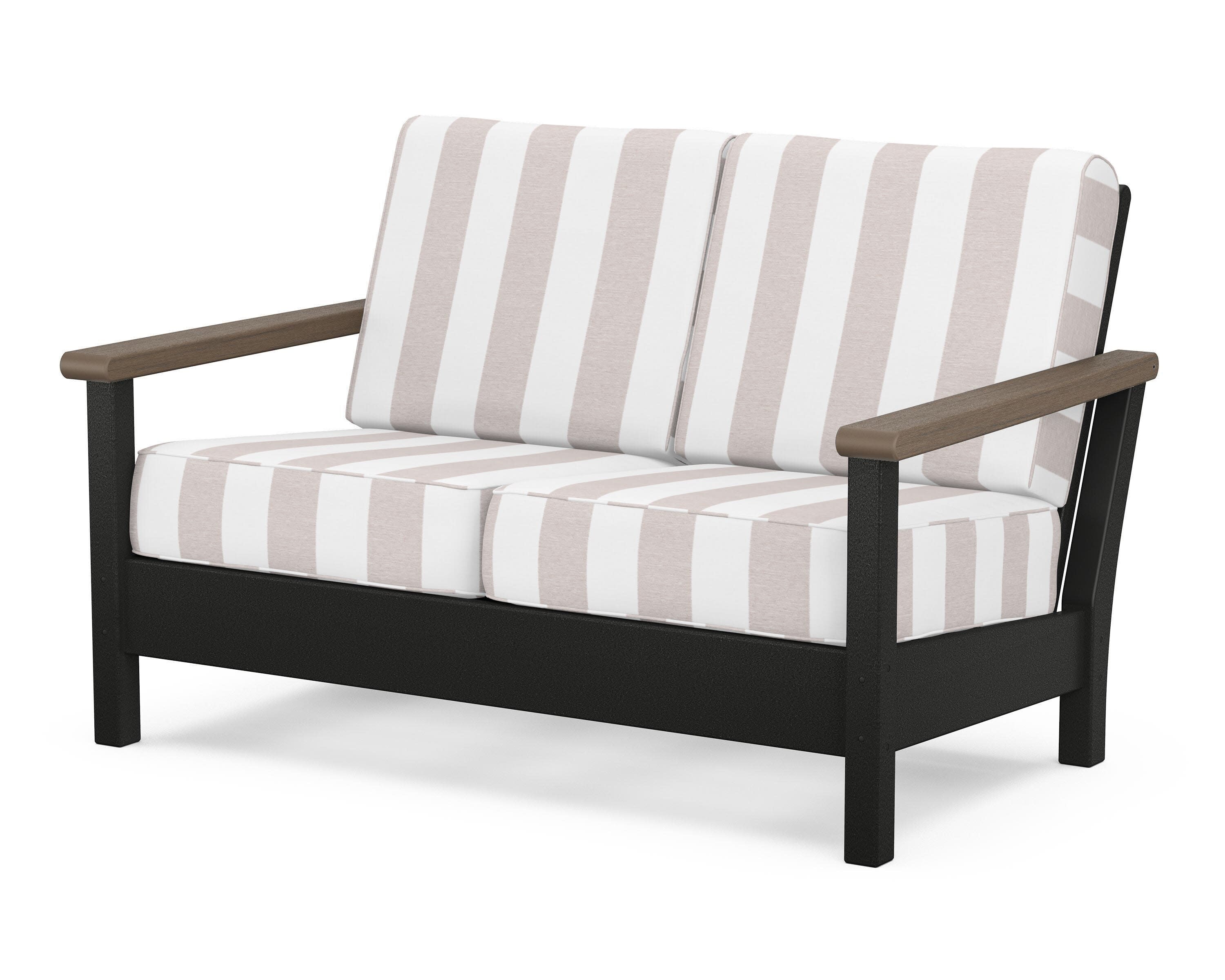 Harbour Deep Seating Loveseat in Black / Kona / Cabana Stripe Dune Burlap