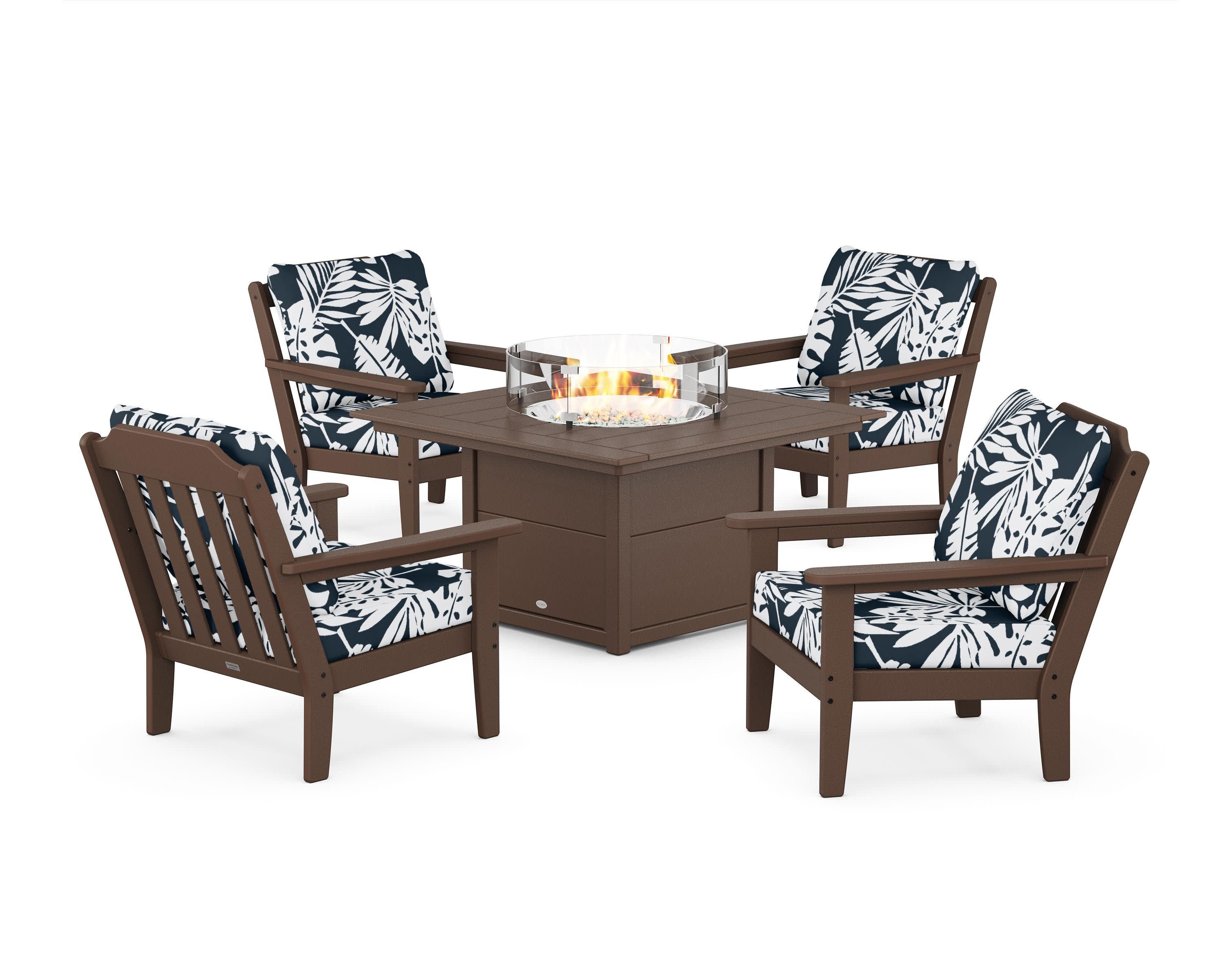 Cottage 5-Piece Deep Seating Set with Fire Pit Table in Mahogany / Leaf Marine Indigo