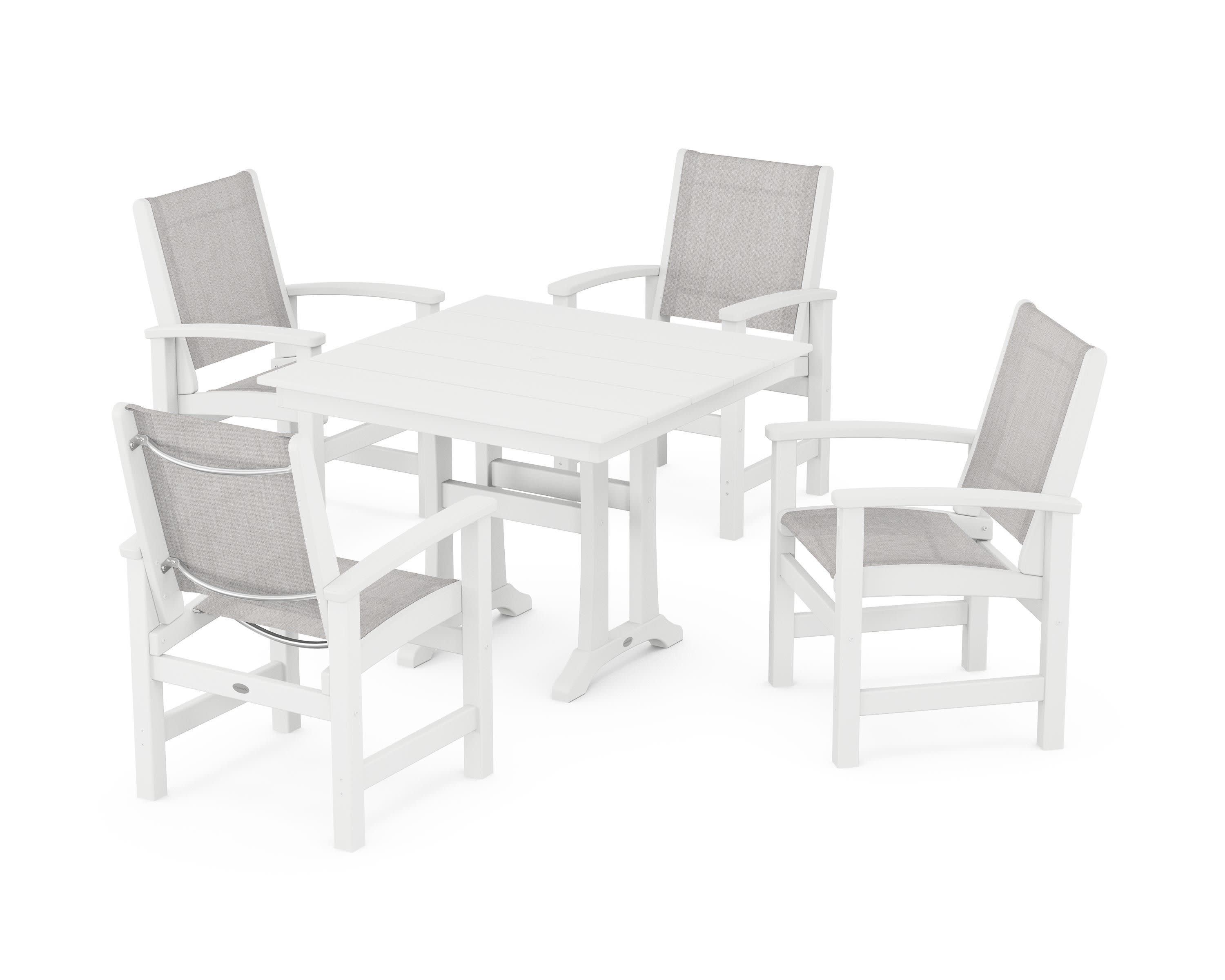 Coastal 5-Piece Farmhouse Dining Set With Trestle Legs in White / Parchment Sling