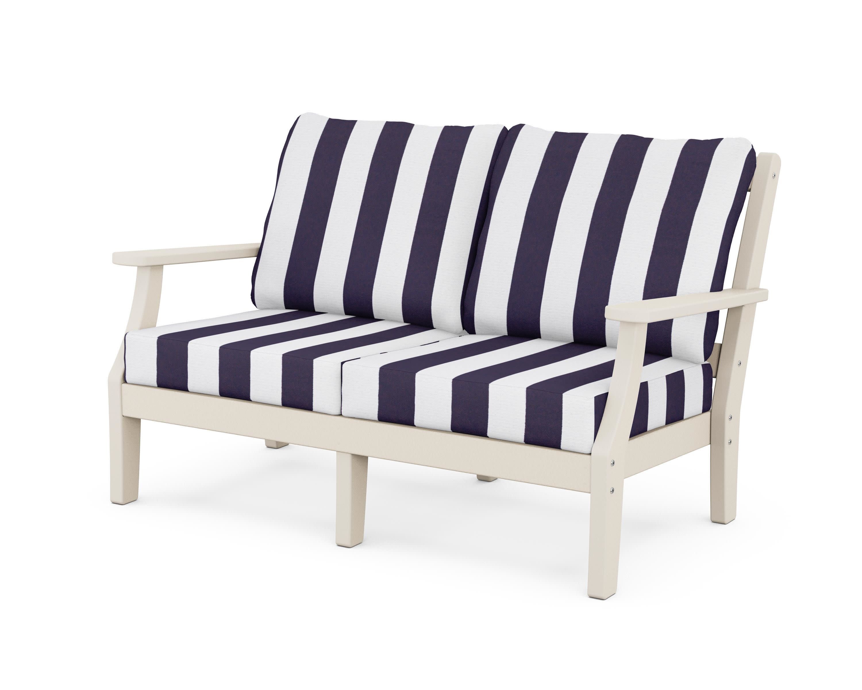 Chinoiserie Deep Seating Loveseat in Sand / Cabana Stripe Navy