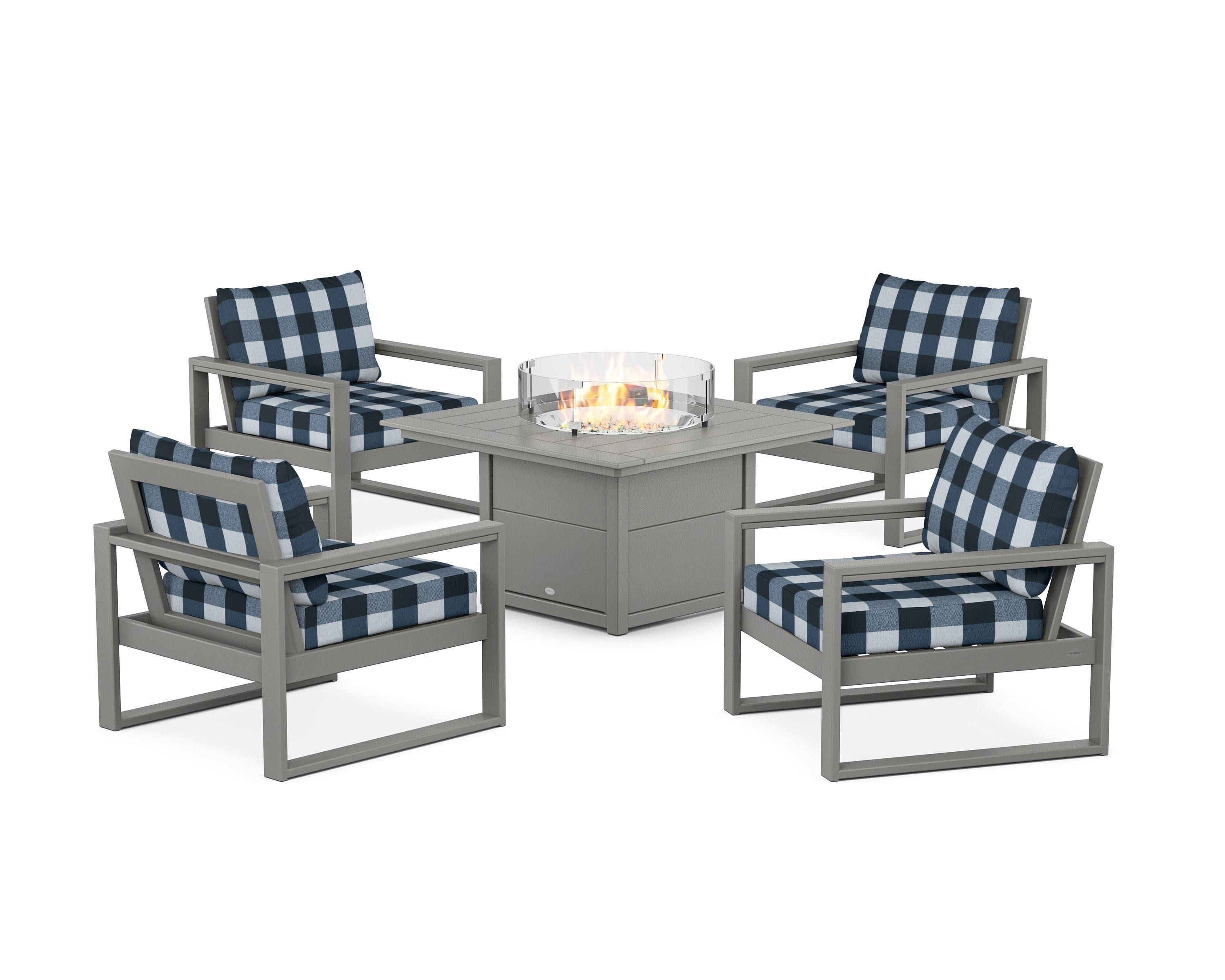 EDGE Sectional 5-Piece Deep Seating Set with Fire Pit Table in Slate Grey / Buffalo Plaid Marine Indigo