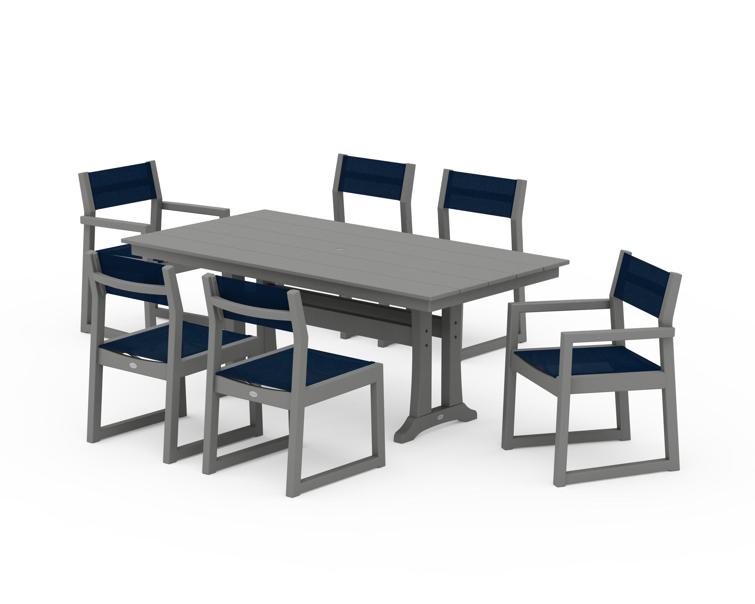 EDGE Sling 7-Piece Farmhouse Trestle Dining Set in Slate Grey / Navy Blue Sling
