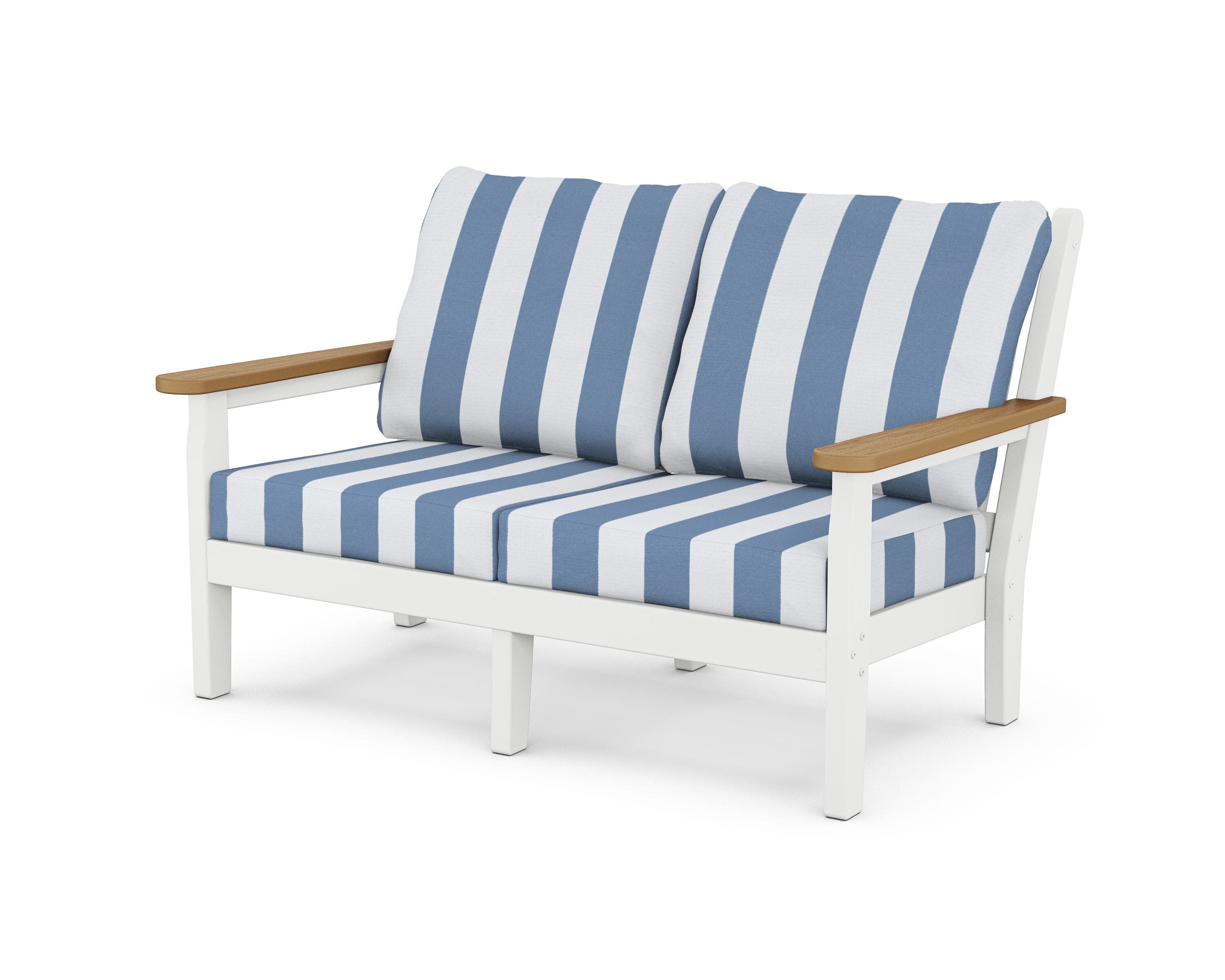 Chippendale Deep Seating Loveseat in White / Natural / Cabana Stripe Sky Blue