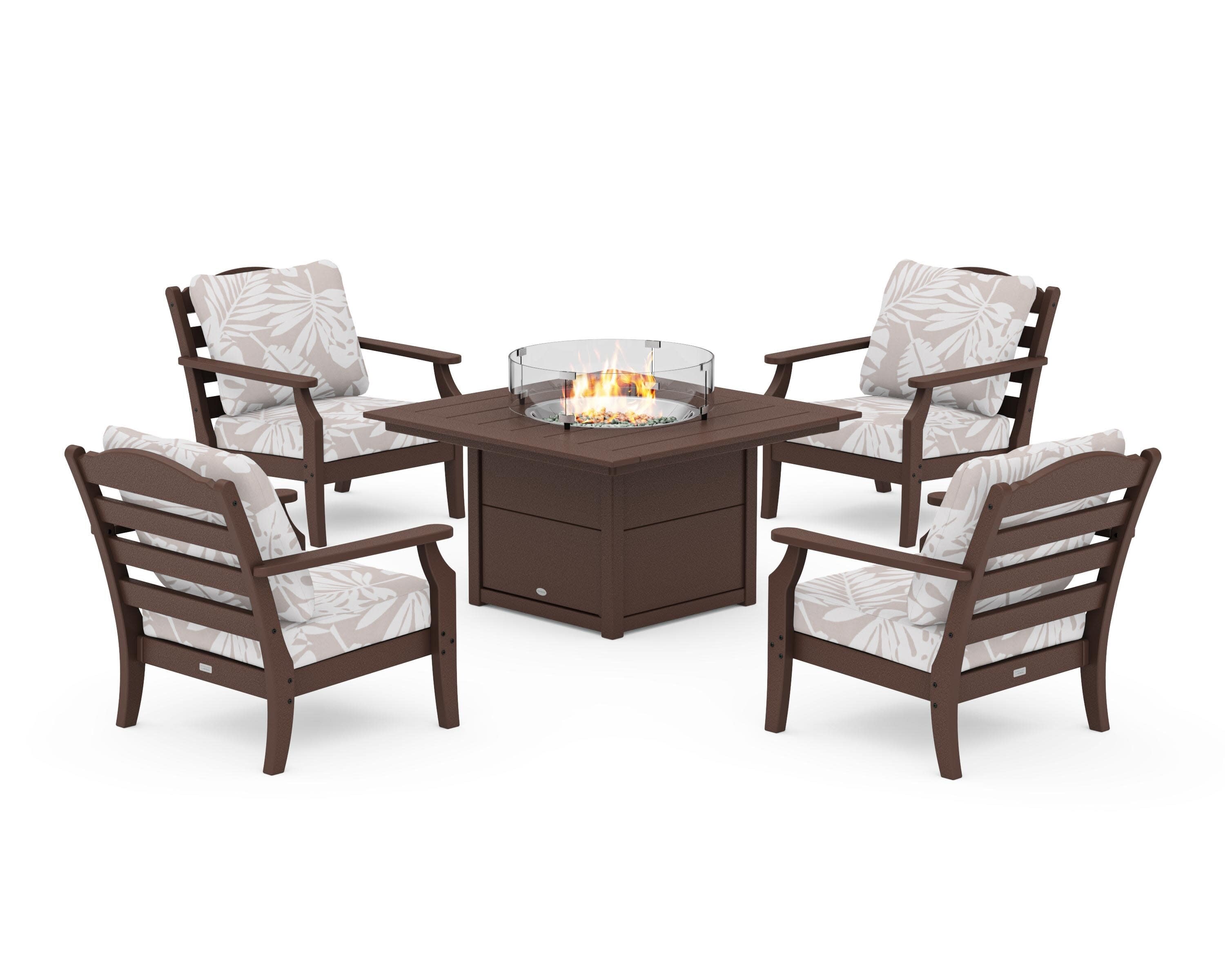 Savannah 5-Piece Deep Seating Set with Fire Pit Table in Mahogany / Leaf Dune Burlap