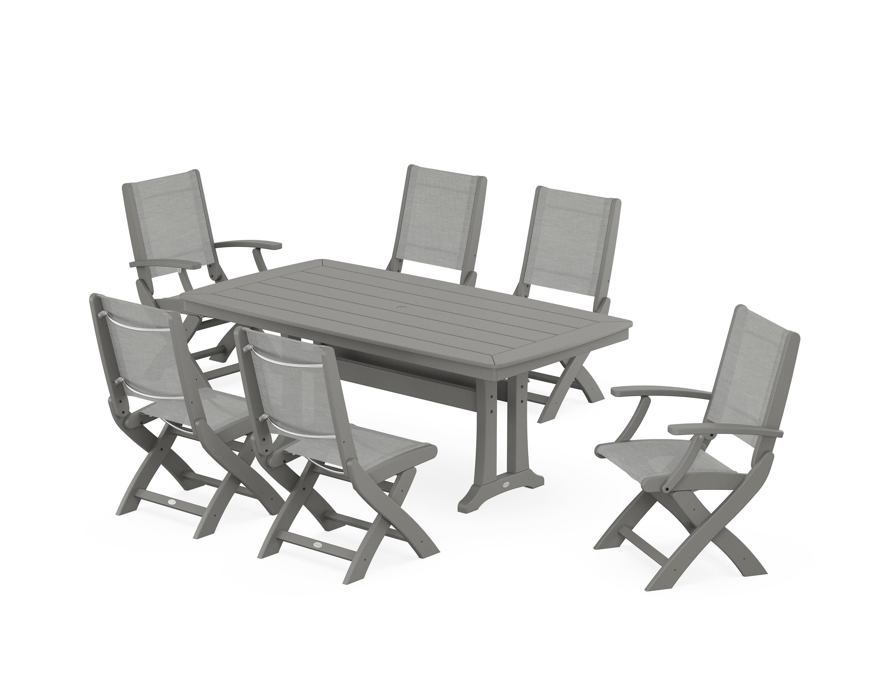 Coastal Folding Chair 7-Piece Dining Set with Trestle Legs in Slate Grey / Metallic Sling