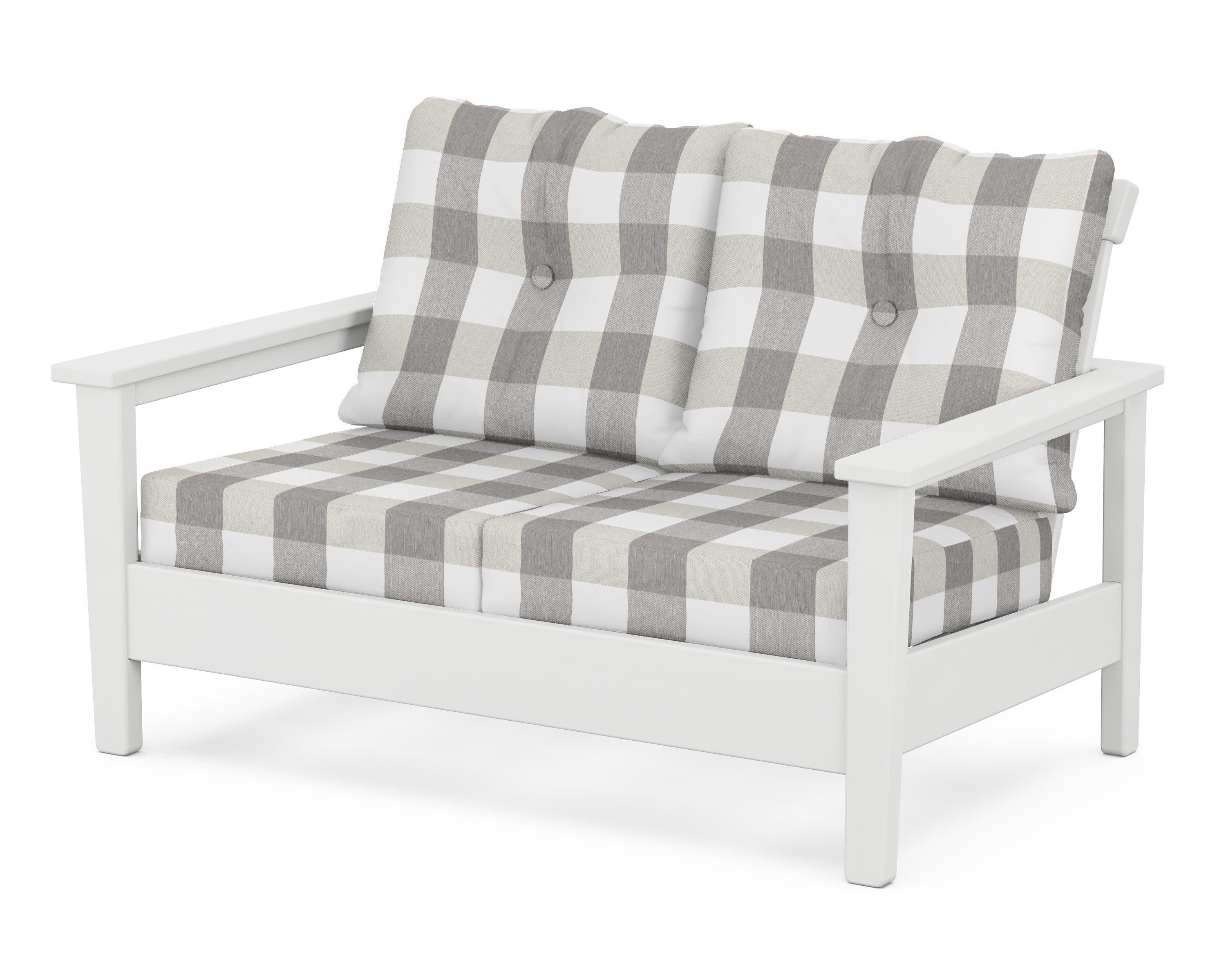 Prescott Deep Seating Loveseat in White / Buffalo Plaid Grey Mist