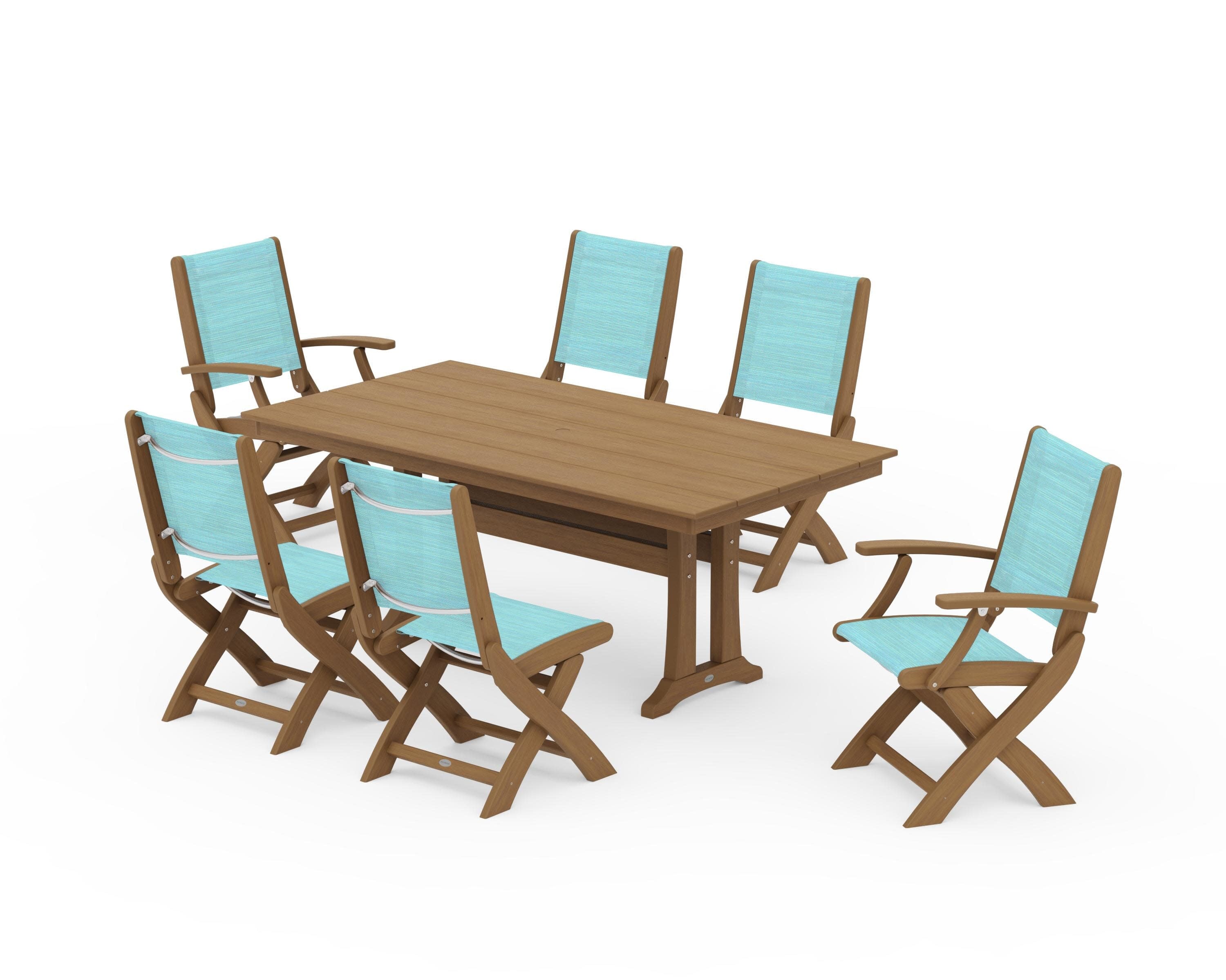 Coastal Folding Chair 7-Piece Farmhouse Dining Set with Trestle Legs in Natural / Dupioni Aquamarine Sling